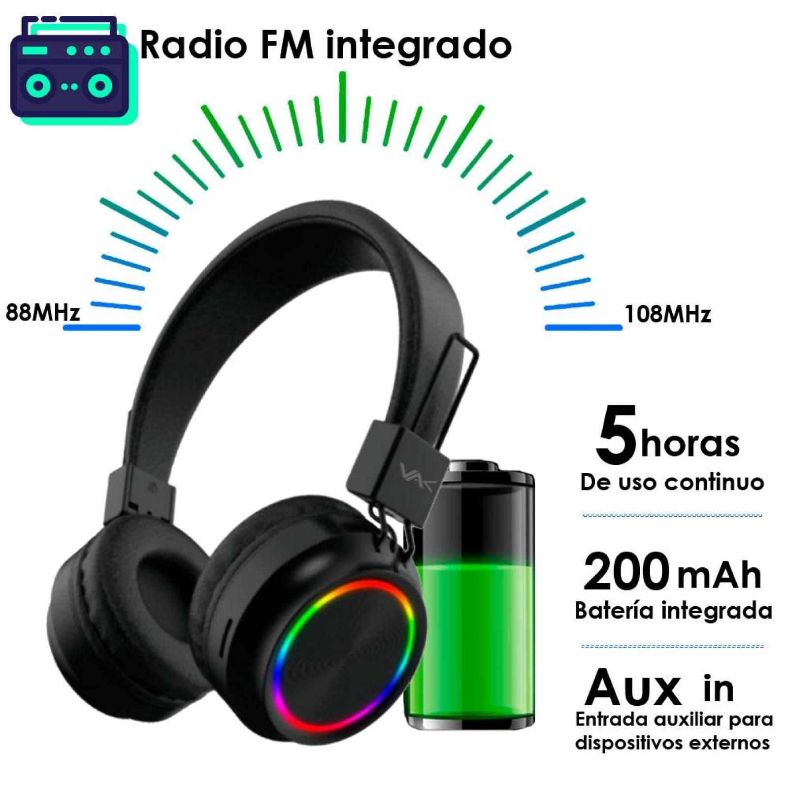 AUDIFONOS VAK 2026 BLUETOOTH FM ENTRADA SD AUX DIADEMA LED 