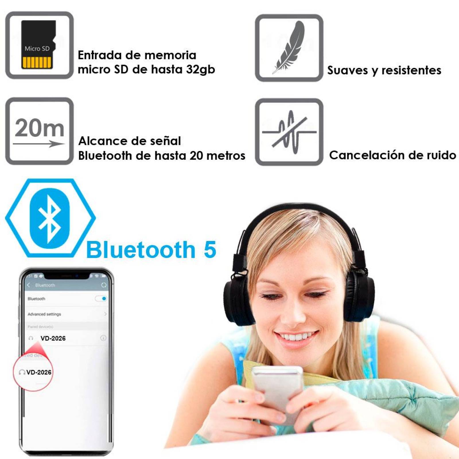 AUDIFONOS VAK 2026 BLUETOOTH FM ENTRADA SD AUX DIADEMA LED 