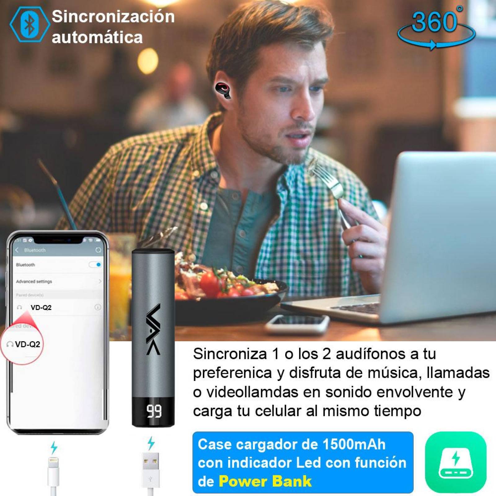 AUDIFONOS VAK Q2 BLUETOOTH POWER BANK MANOS LIBRES TWS .
