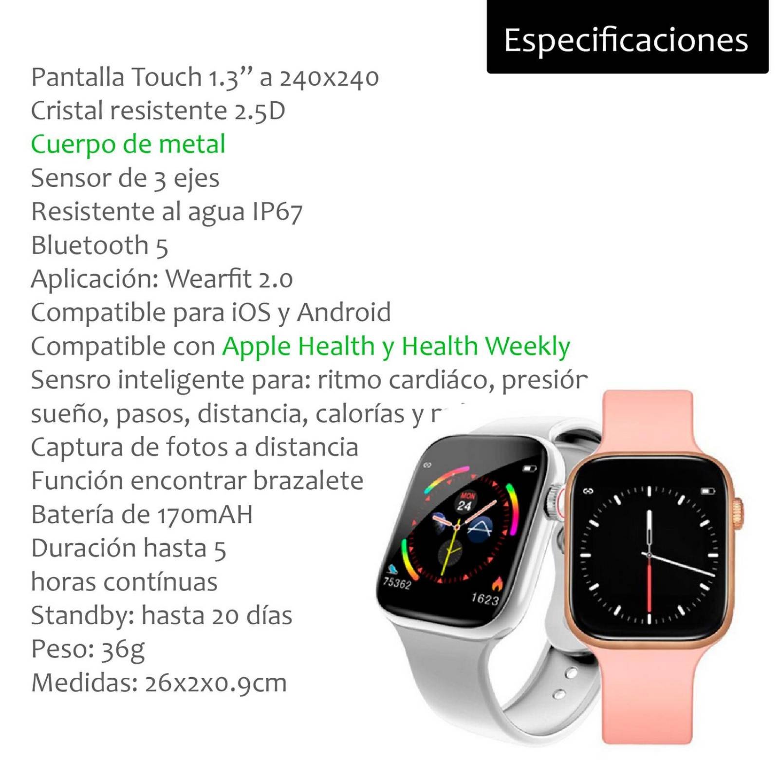 Reloj Smartwatch VAK f9 IP67 Metal Apple Health pasos Calorias Blanco