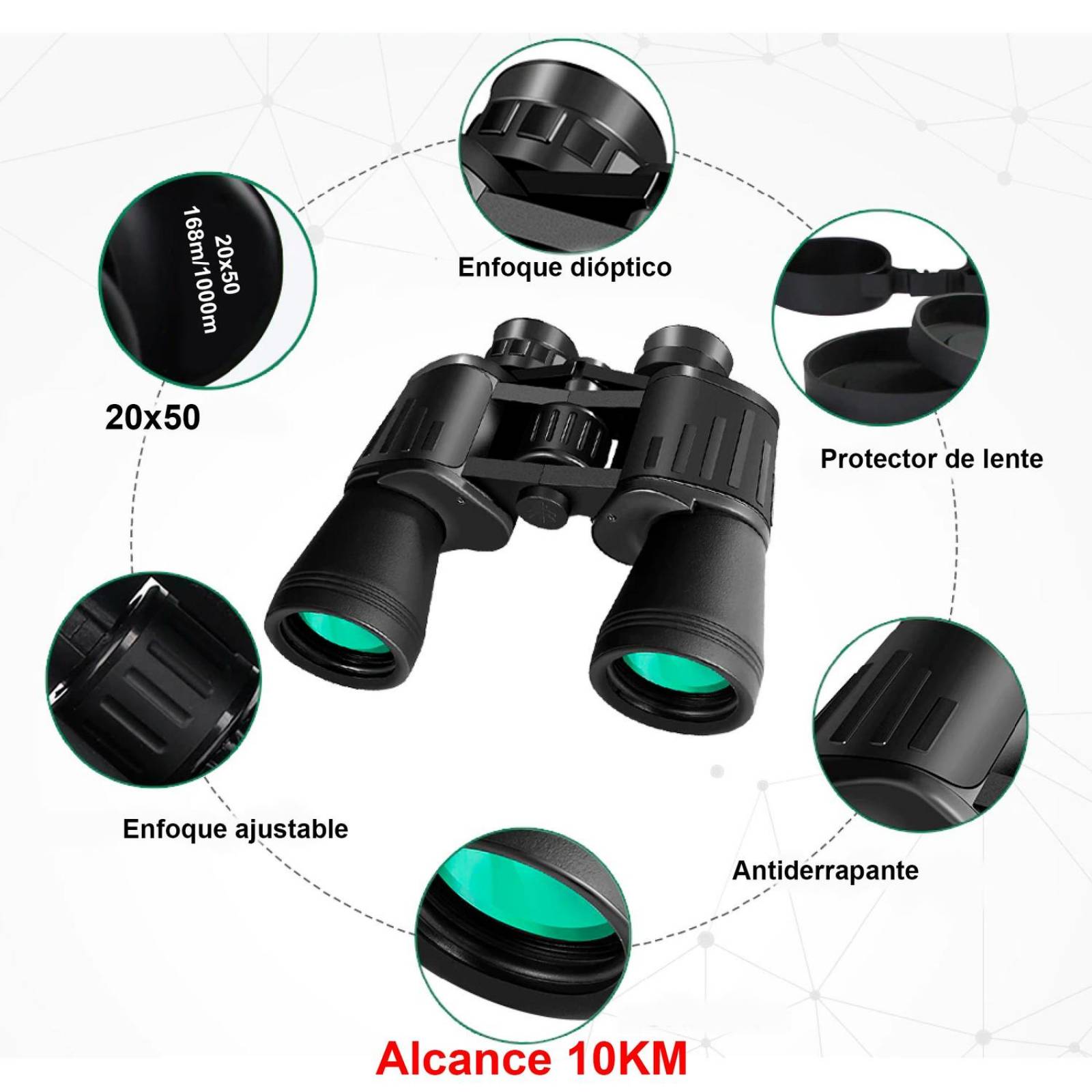 Binoculares VAK 20x50A Ahulados AGUA Alcance 10 KM Protectores y funda 