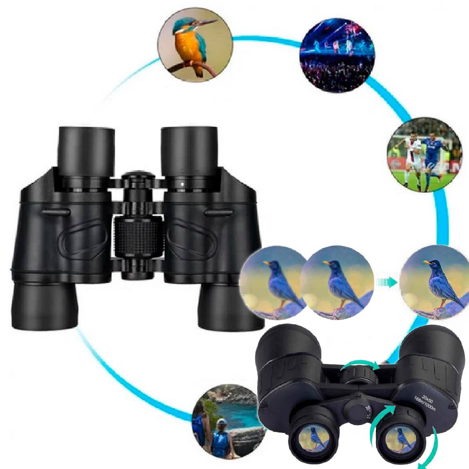 Binoculares VAK 20x50A Ahulados AGUA Alcance 10 KM Protectores y funda 