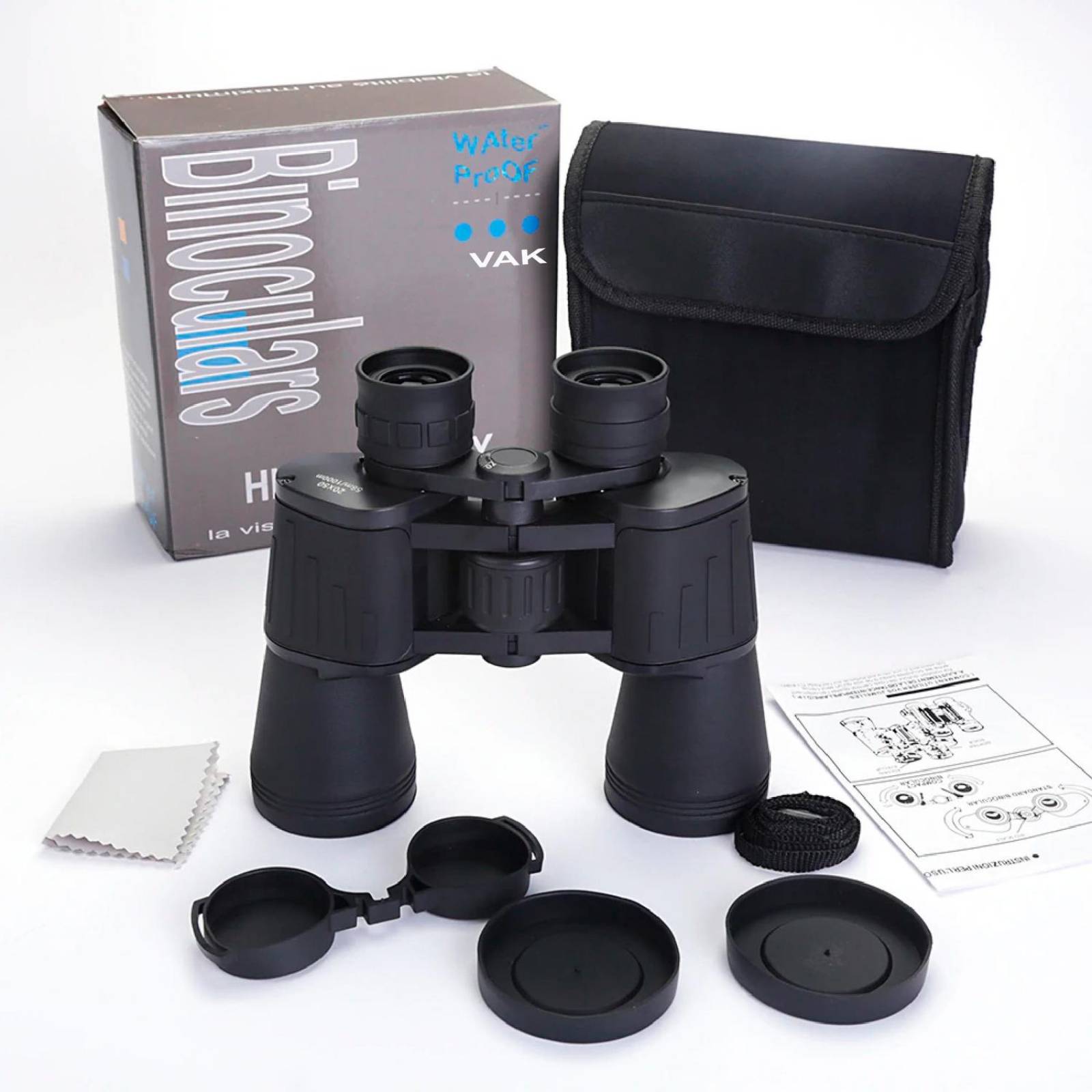 Binoculares VAK 20x50A Ahulados AGUA Alcance 10 KM Protectores y funda 