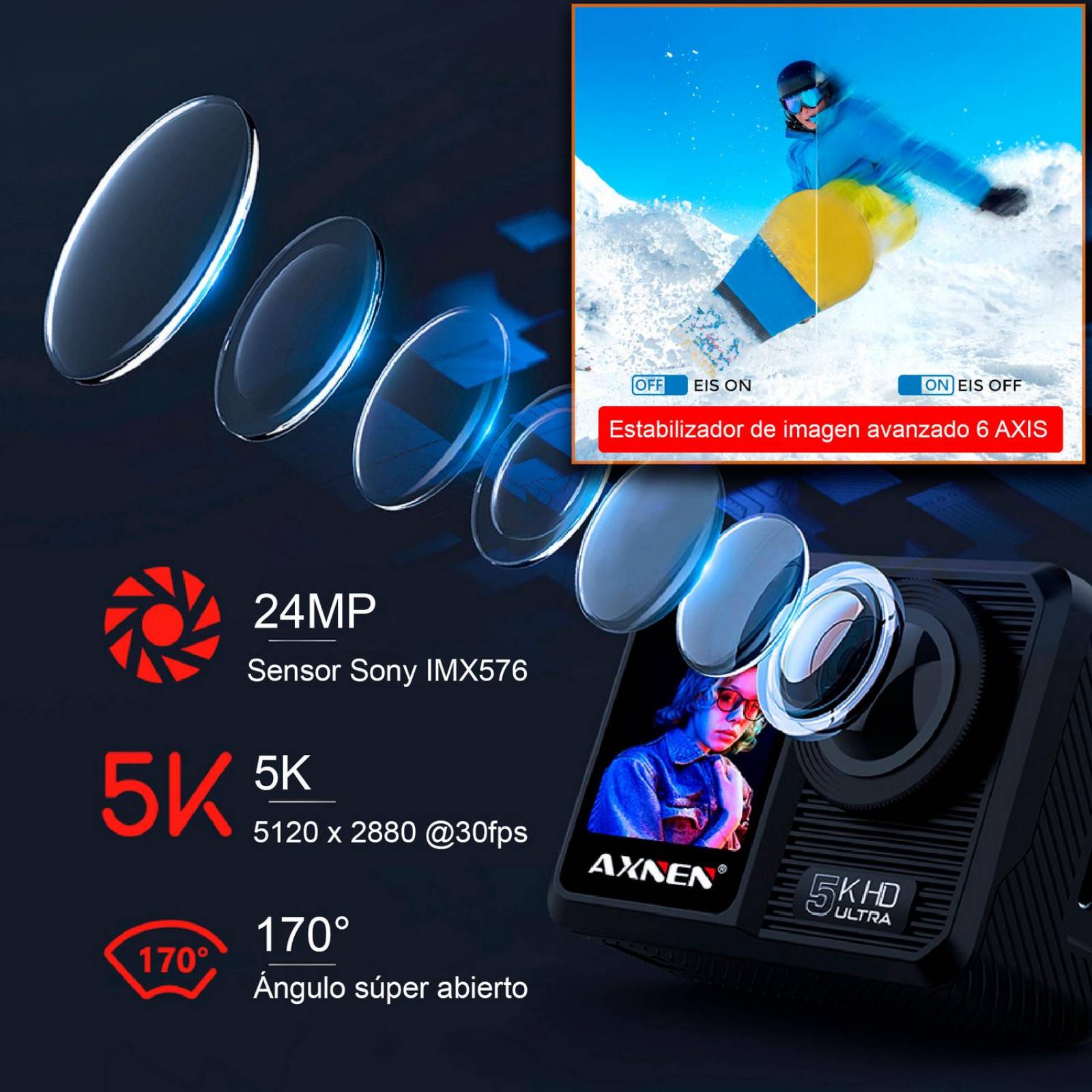 CAMARA DIGITAL DEPORTIVA V40 DOBLE PANTALLA MICROFONO 5K WIFI c AGUA 