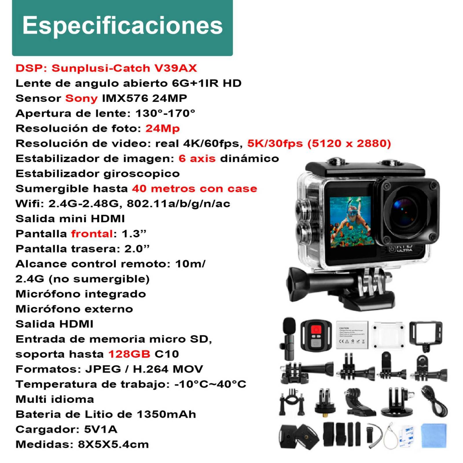 CAMARA DIGITAL DEPORTIVA V40 DOBLE PANTALLA MICROFONO 5K WIFI c AGUA 