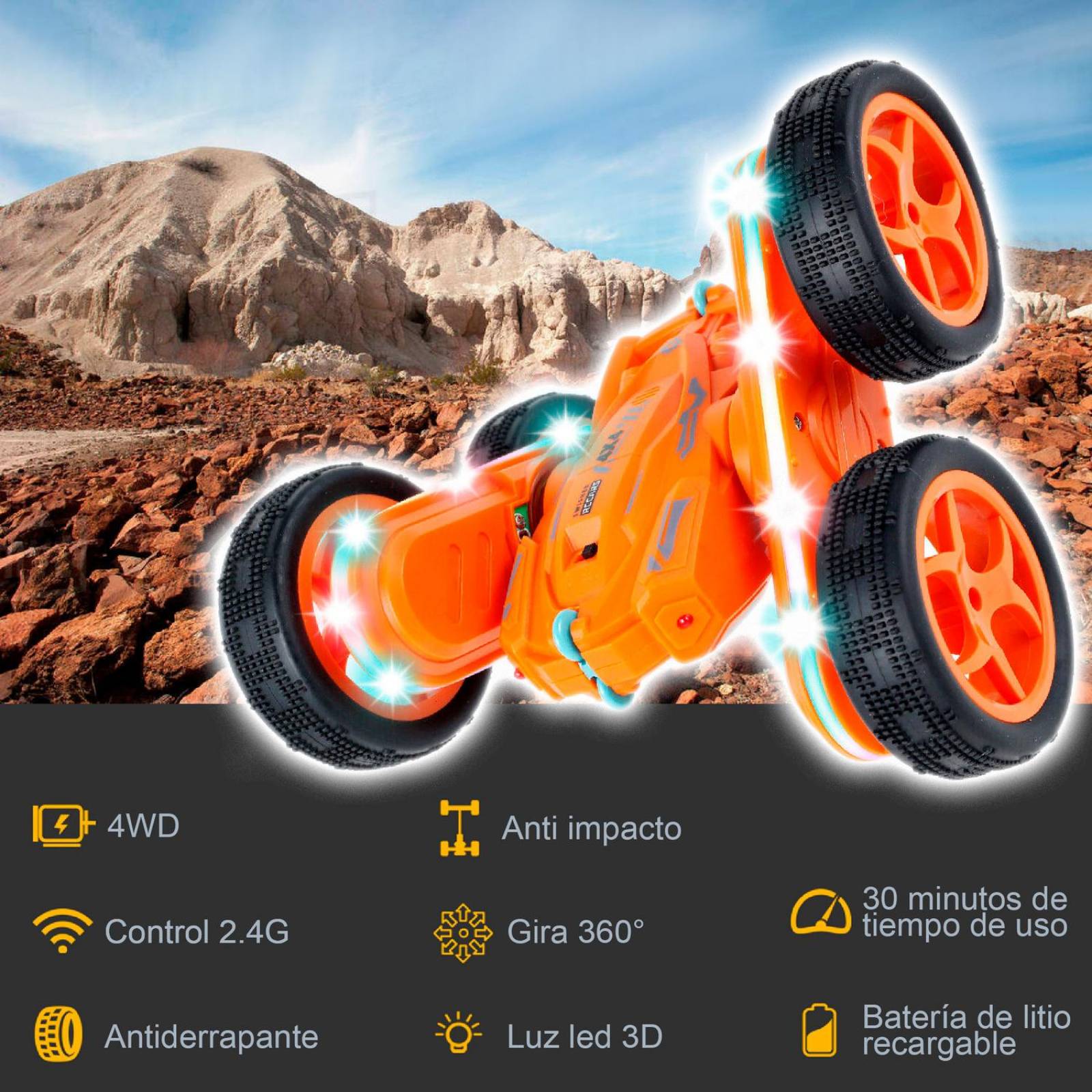 Carro eléctrico Vak 1842 doble lado Todo Terreno luces trucos control Naranja