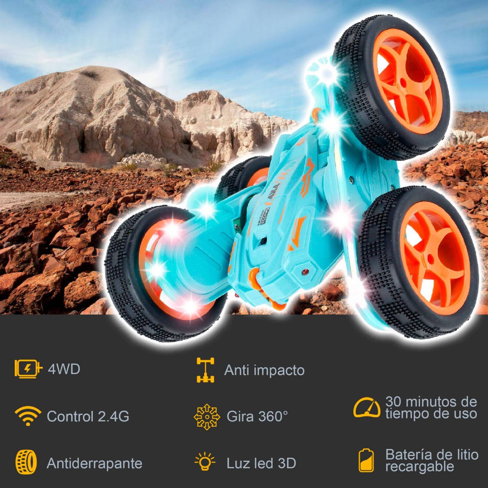 Carro eléctrico Vak 1842 doble lado Todo Terreno luces trucos control Azul