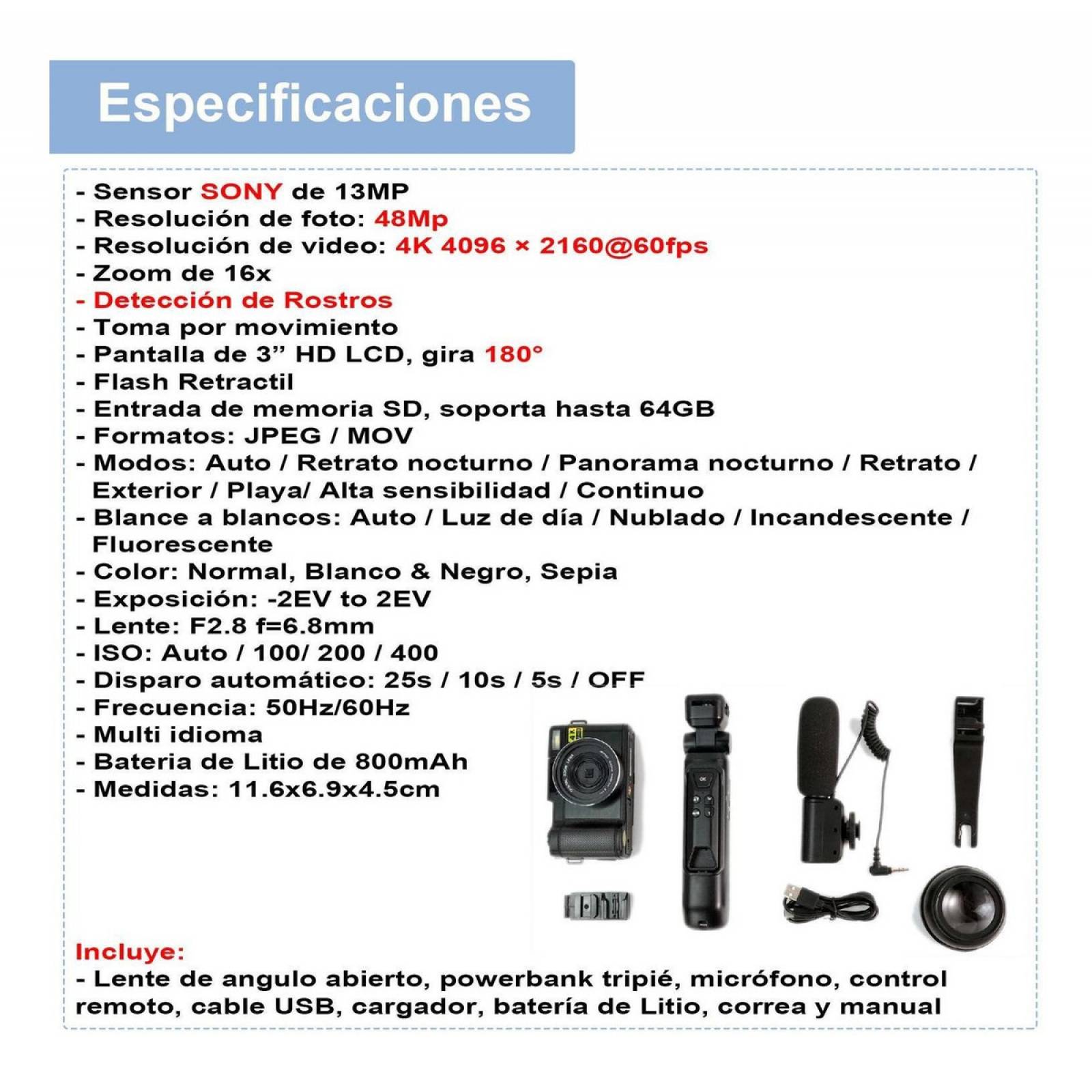 Camara Digital Vak P01 Lcd 3' 48mp 4k Tripie Control Microfo.