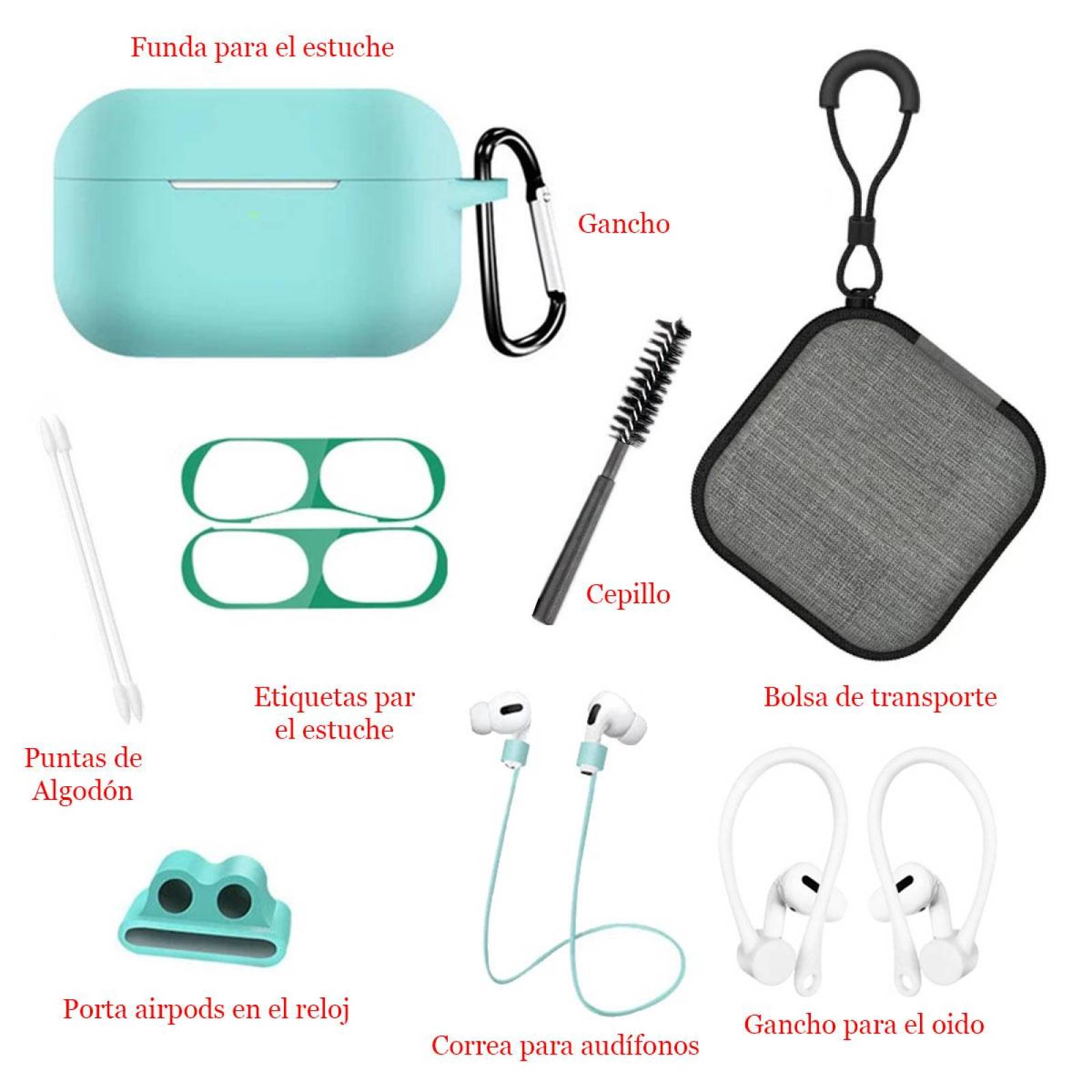 Funda y kit de Accesorios para Airpods Pro 9 piezas Color Agua