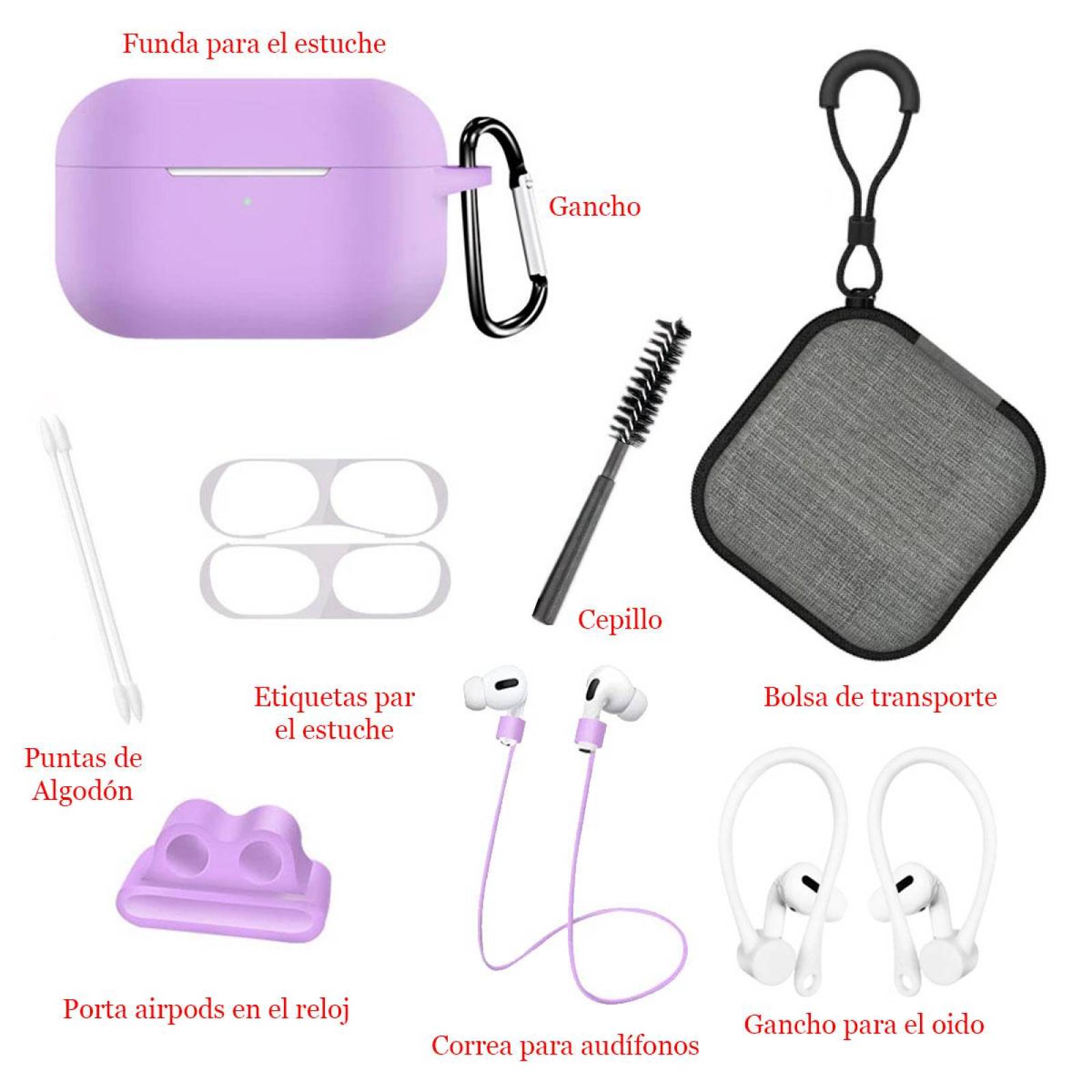 Funda y kit de Accesorios para Airpods Pro 9 piezas Color Lila