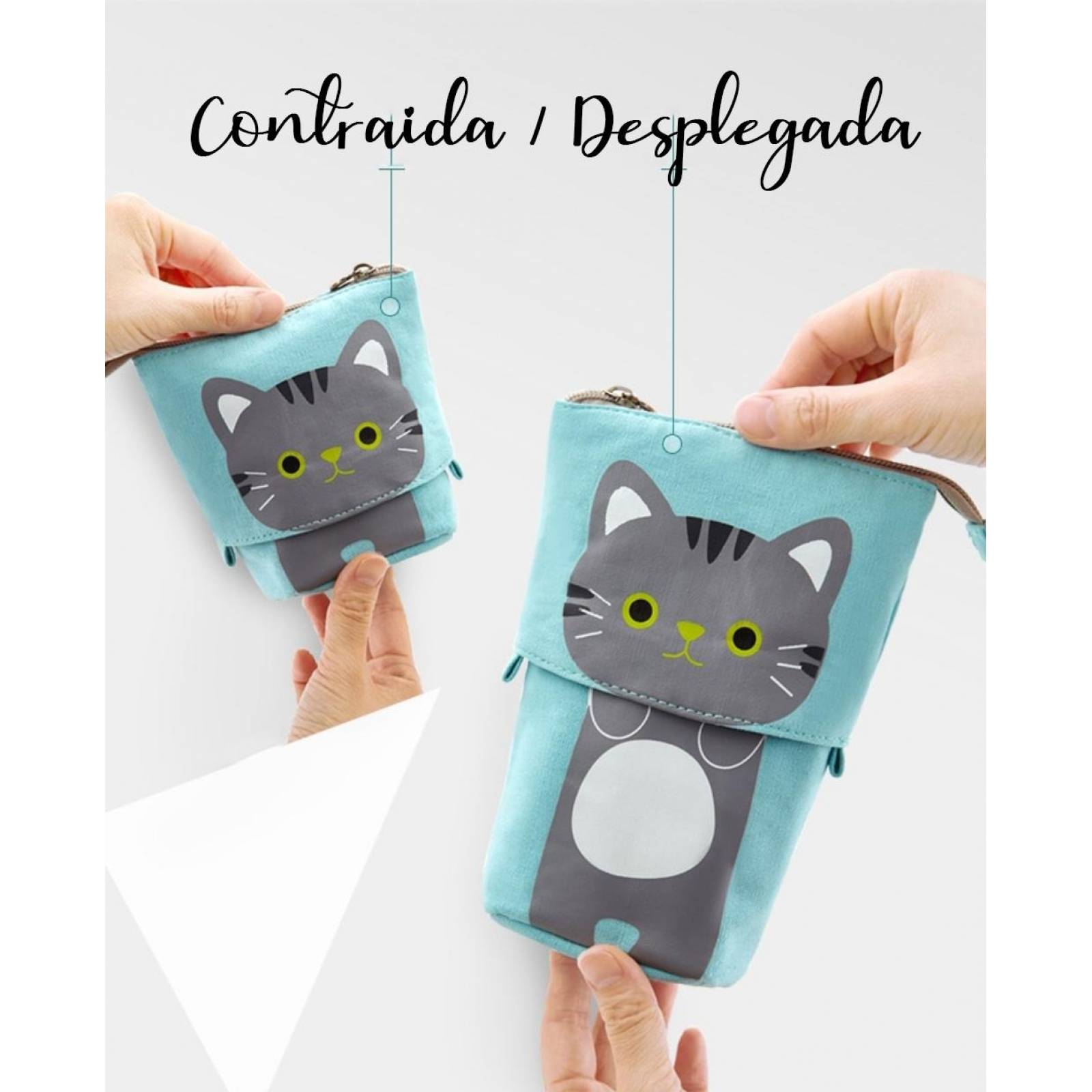 Lapicera estuche organizador lapices y plumones desplegable Gatito Gris