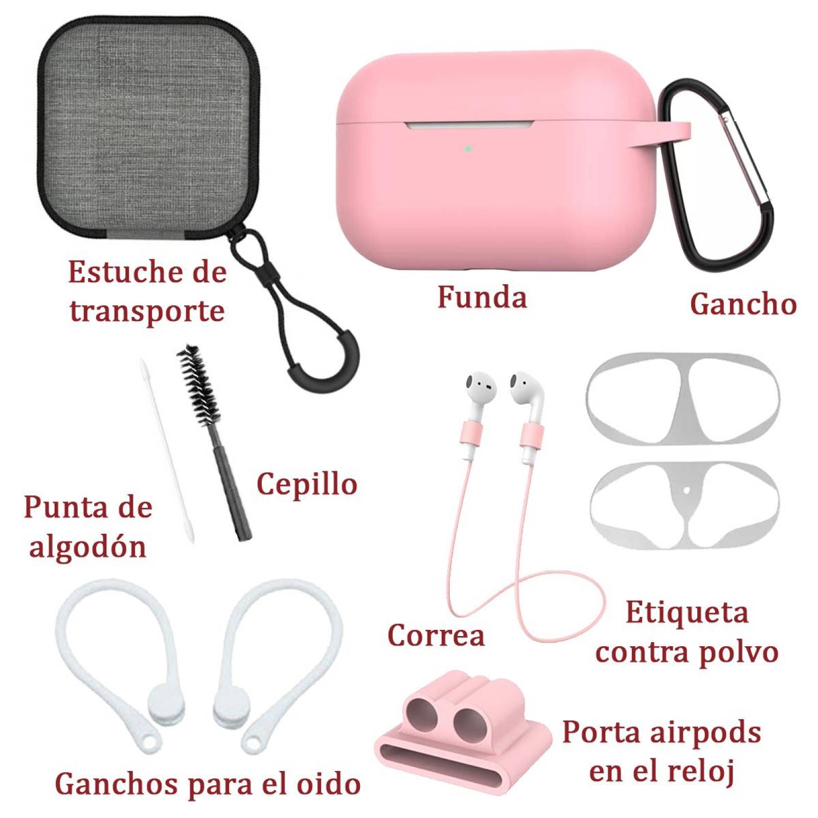 Funda y kit de Accesorios para Airpods Pro 9 piezas Color Rosa