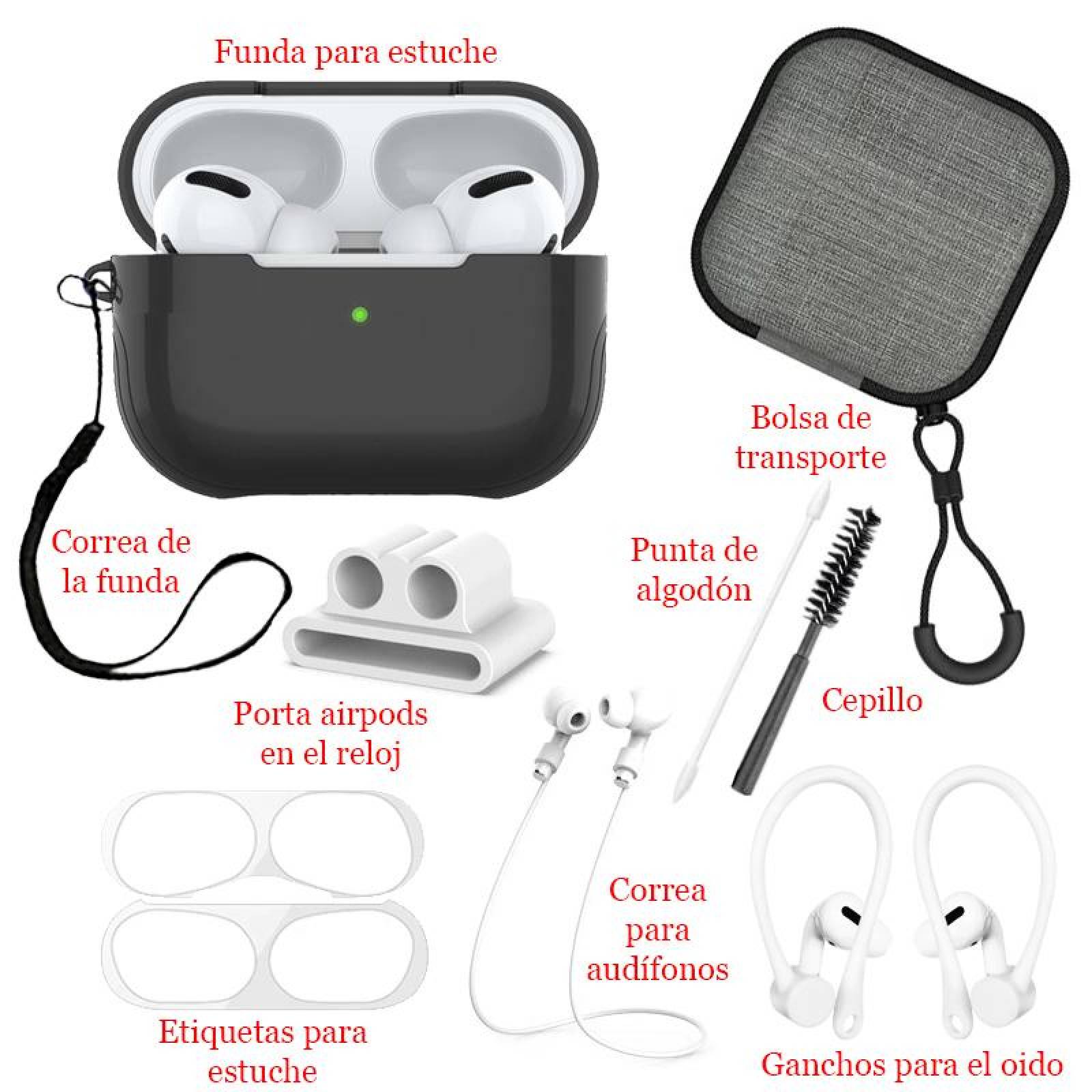 Funda Alto Brillo Y Kit Accesorios Para AirPods Pro 9 Piezas Negro