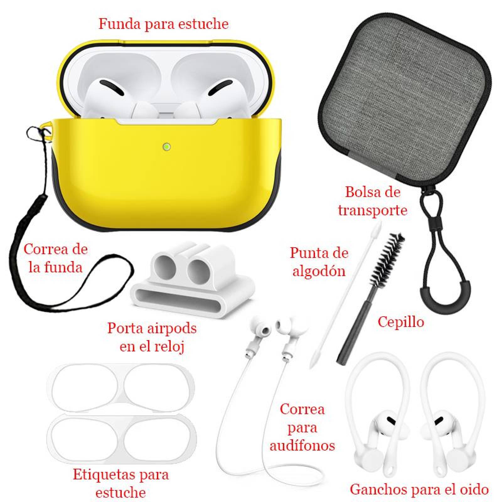 Funda Alto Brillo Y Kit Accesorios Para AirPods Pro 9 Piezas Amarillo