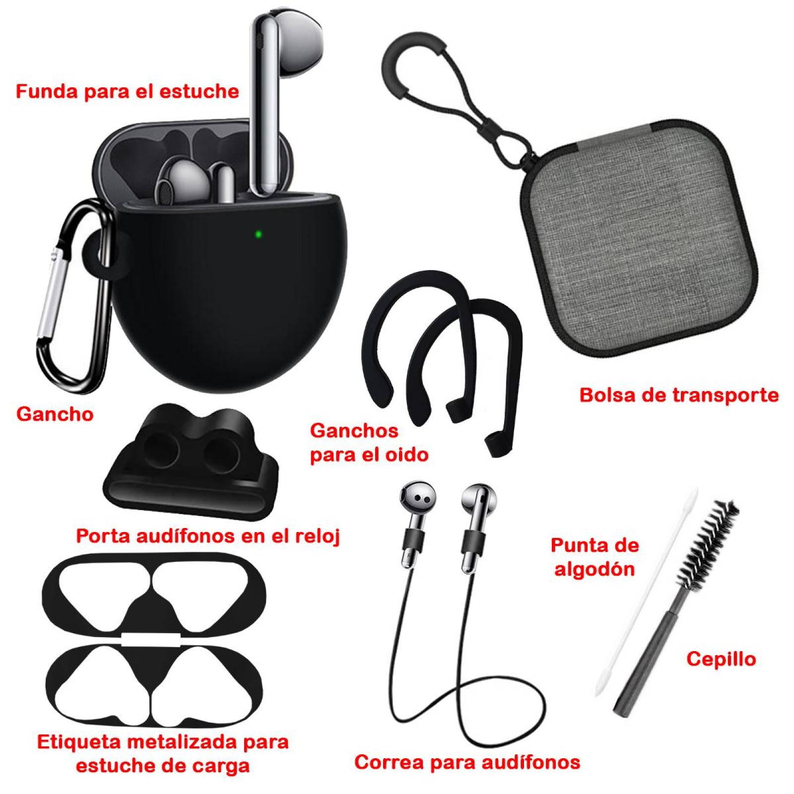 Funda y kit de Accesorios 9 en 1 para Huawei Freebuds 4 Negro