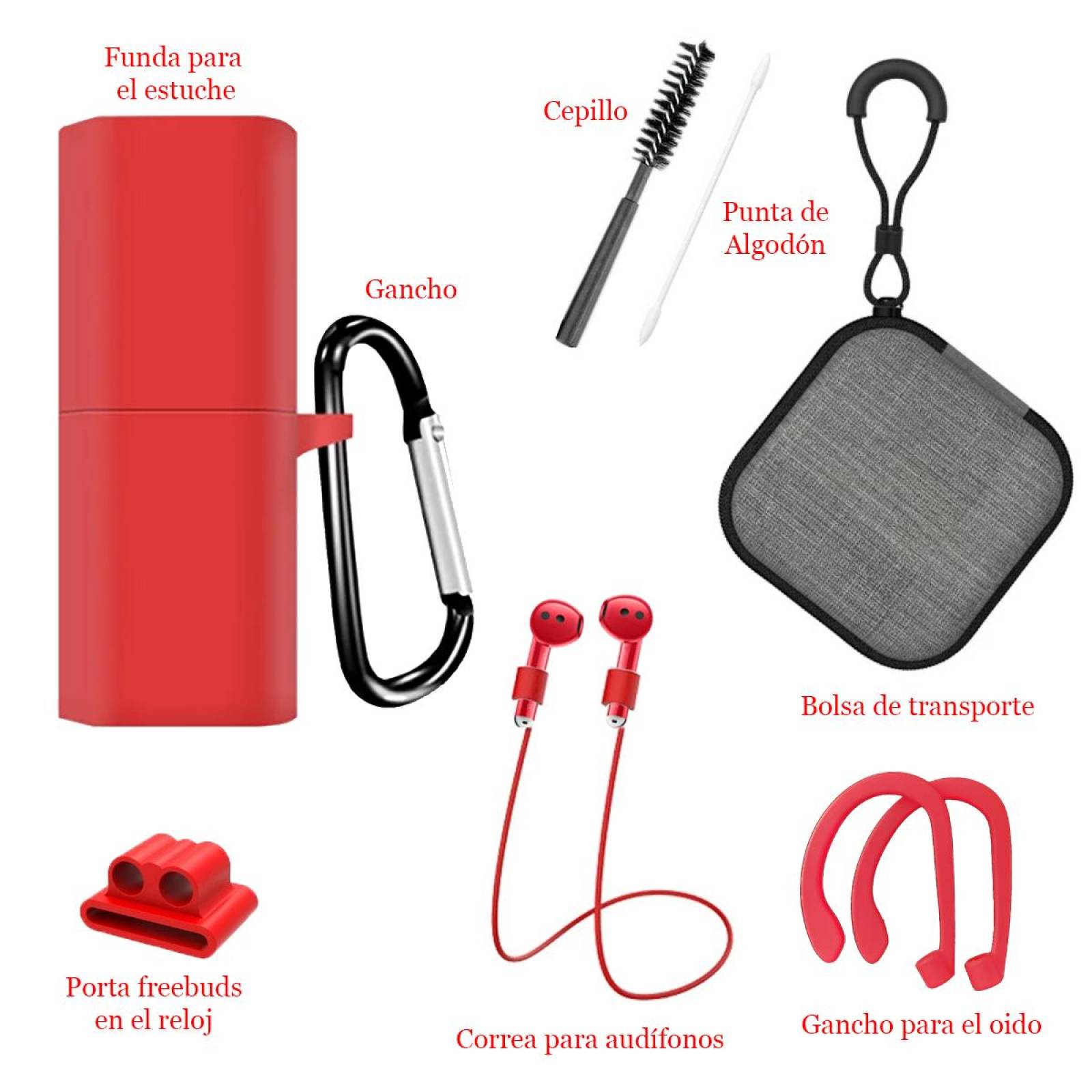 Funda y kit accesorios 8 en 1 para Huawei Freebuds Lipstick Rojo