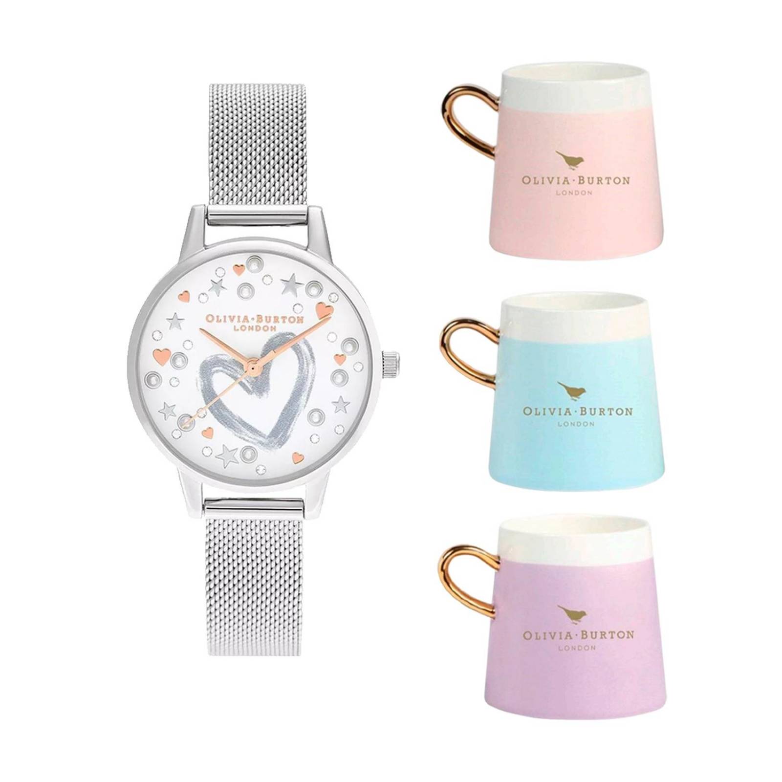 Set Reloj Olivia Burton Acero de Mujer + 3 Tazas de Regalo 