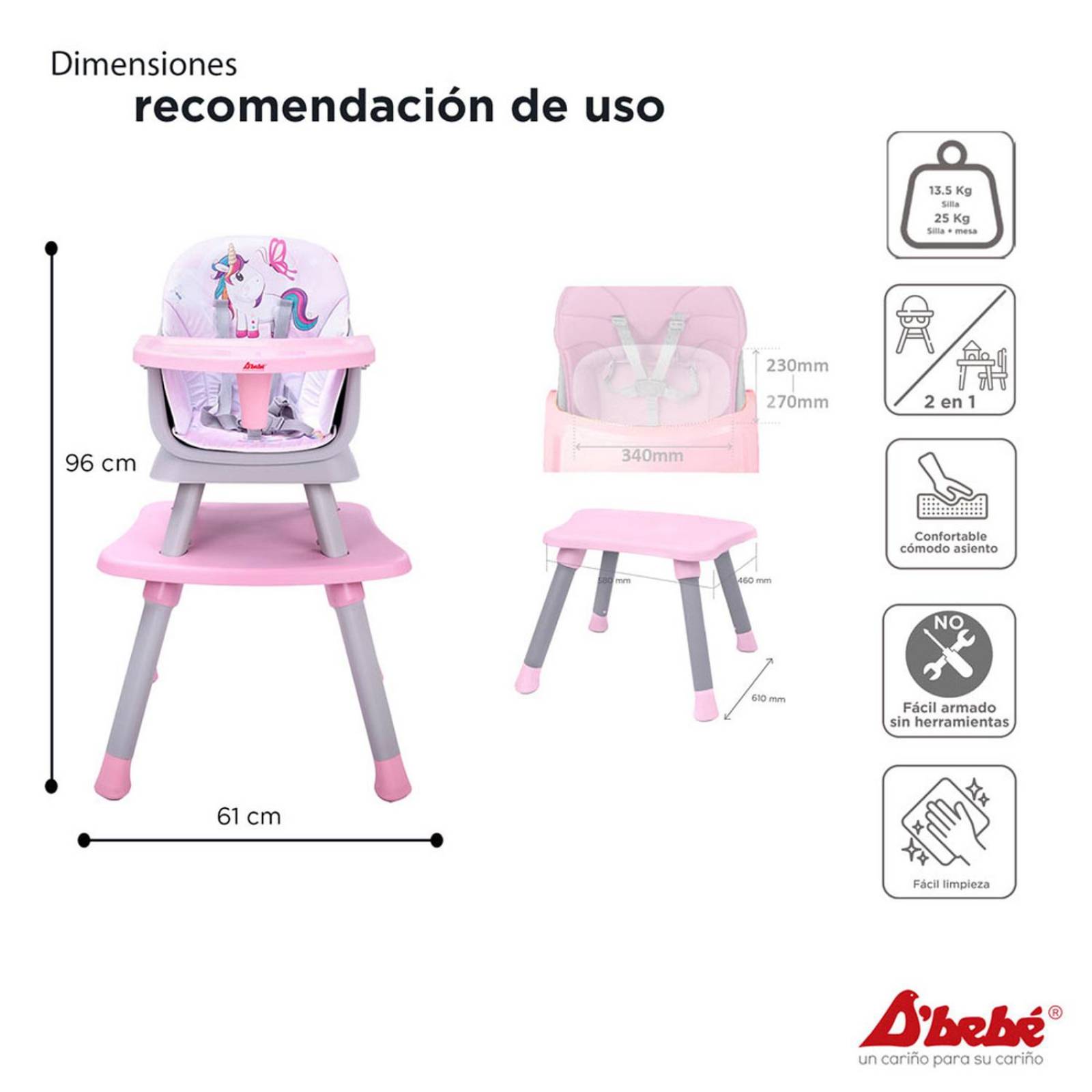 Silla Alta D'bebé Grow with Me Unisex de 6 meses a 7 años Rosa