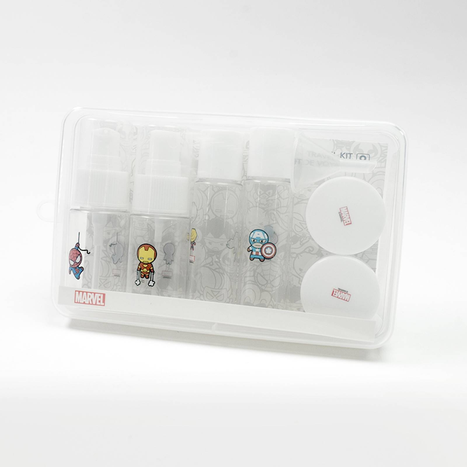 Miniso Set De Botellas Para Viaje Marvel Plástico Transparente 3x9 2 cm  3x95 cm  2 1x9 5 cm  3x2 cm  3x4 cm 8  Piezas