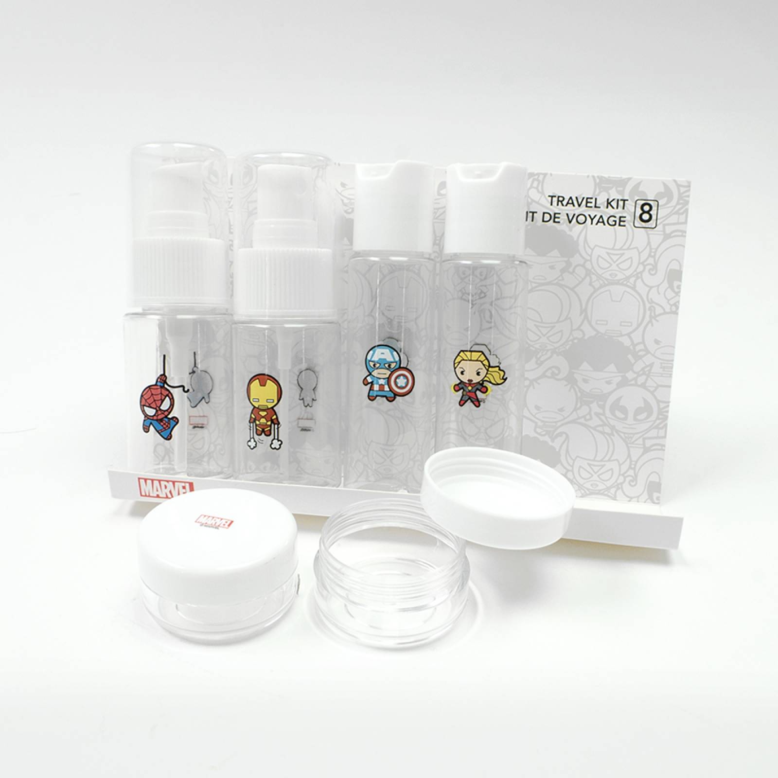 Miniso Set De Botellas Para Viaje Marvel Plástico Transparente 3x9 2 cm  3x95 cm  2 1x9 5 cm  3x2 cm  3x4 cm 8  Piezas