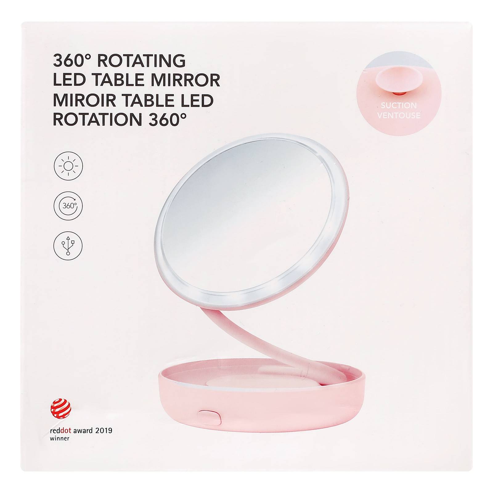 Miniso Espejo De Maquillaje LED Giratorio 360  Fino  HD  Recargable Rosa