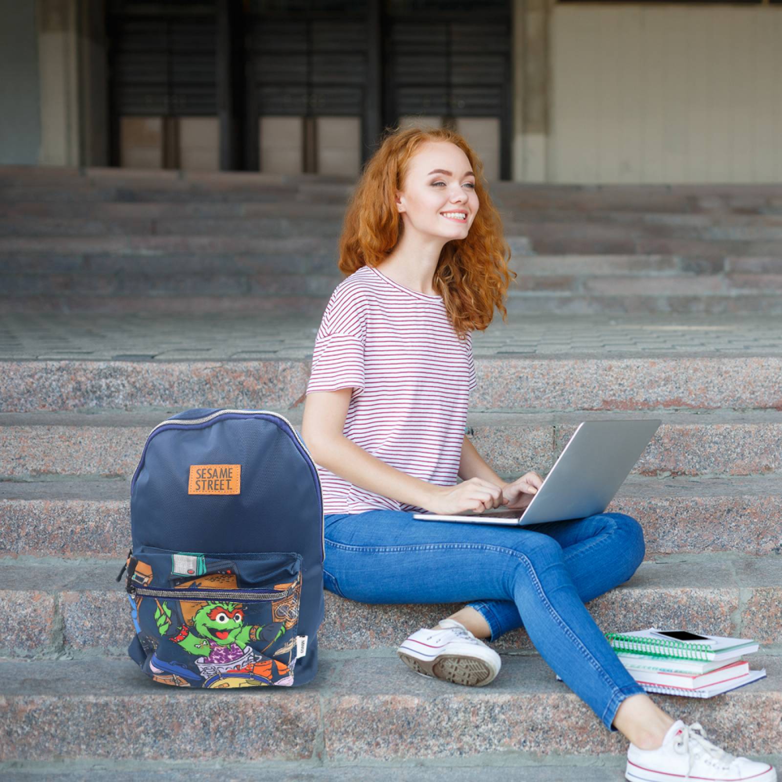 Miniso Mochila Sesame Street Escolar Con Bolsa Frontal Diseño Cartoon  Azul