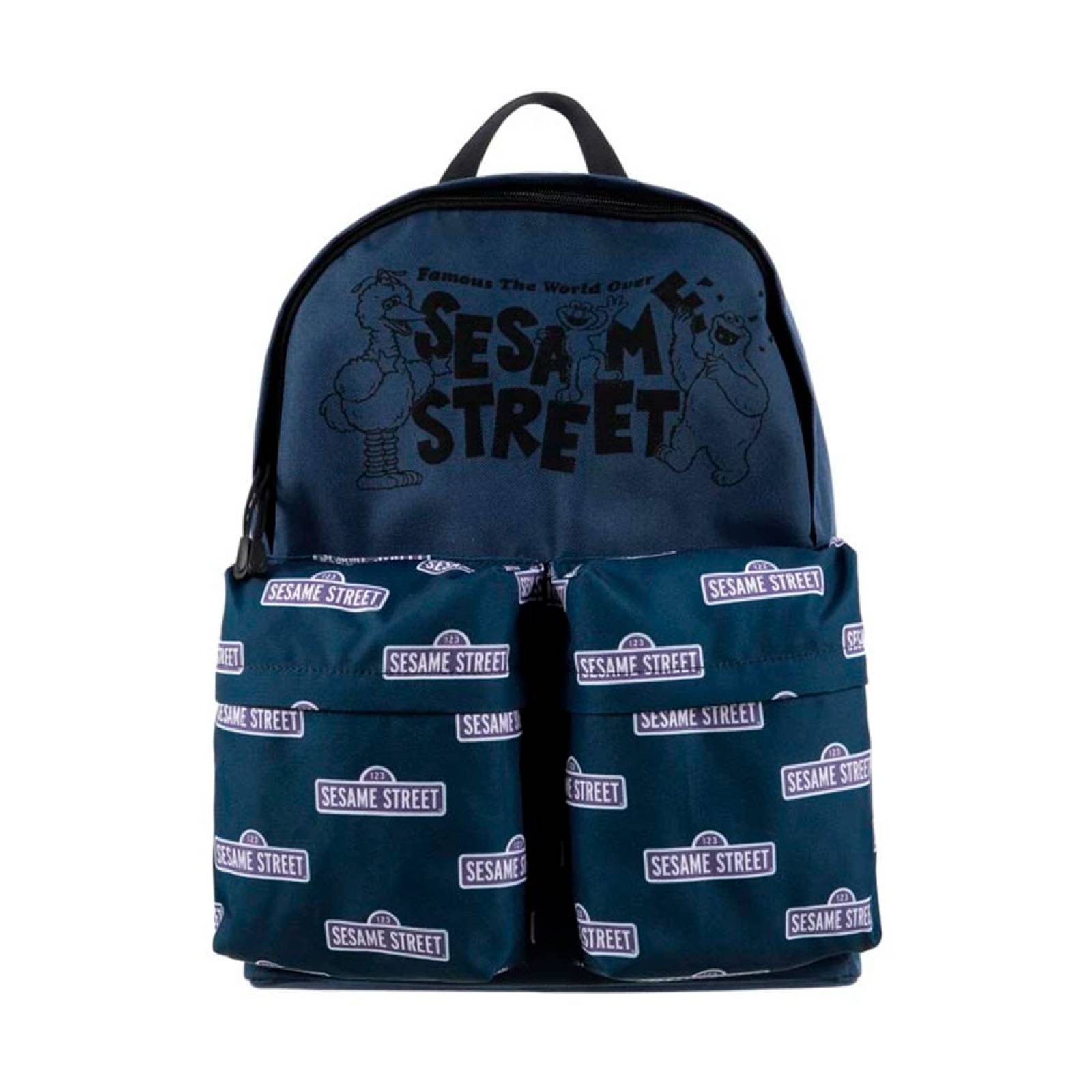 Miniso Mochila Sesame Street Escolar Con Doble Bolsa Frontal Azul