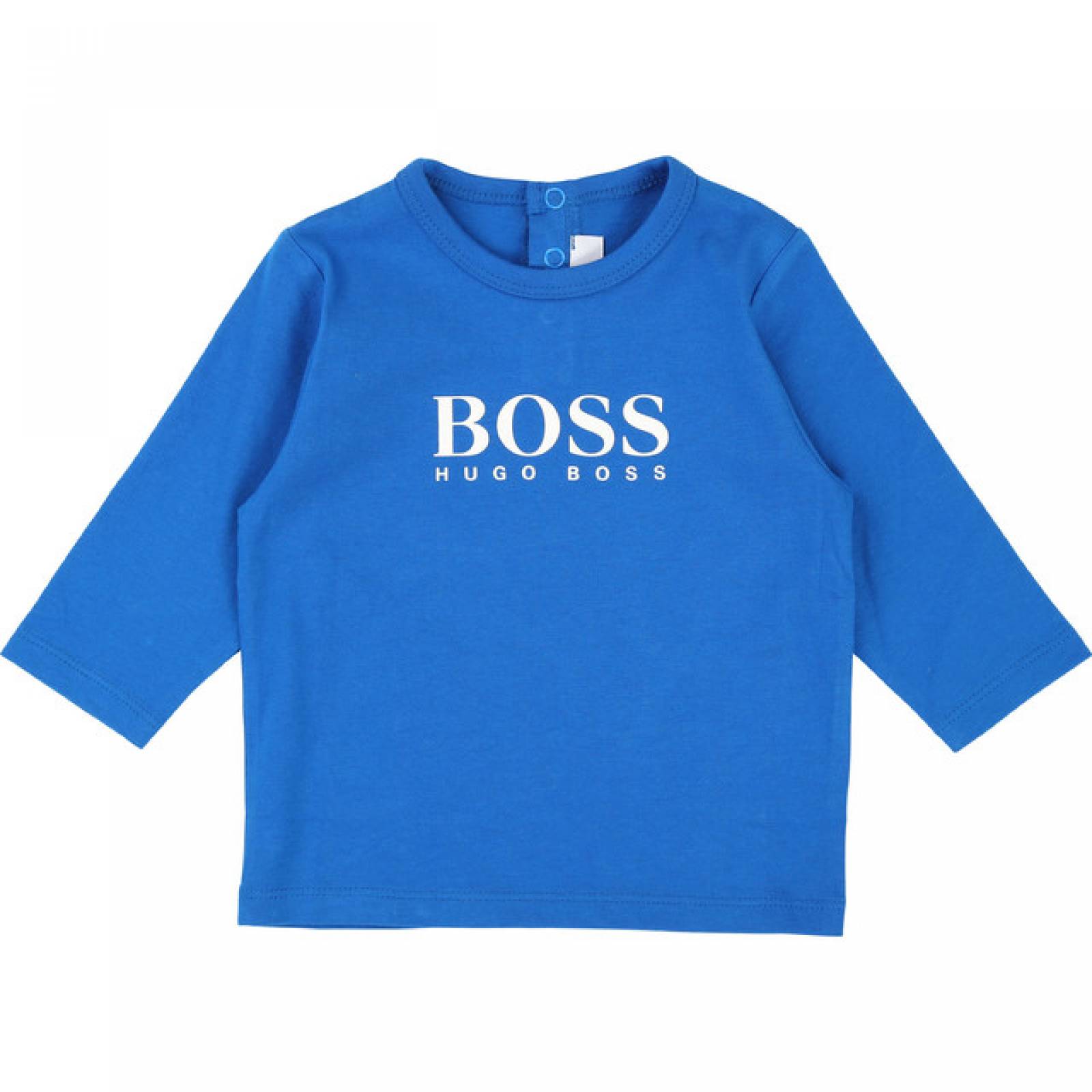 HUGO BOSS PLAYERA AZUL REY MANGA LARGA CUELLO REDONDO CON LOGOTIPO GRANDE AL FRENTE