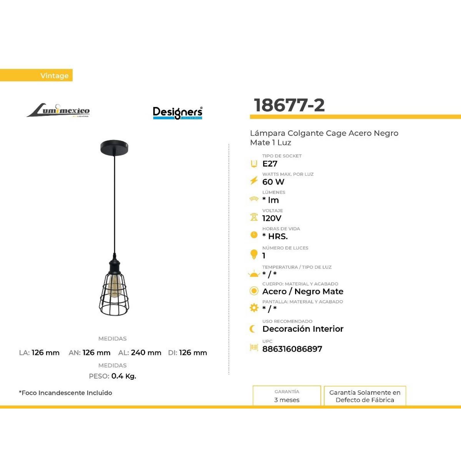 Lámpara Colgante Vintage Acero Negro Mate 1 Luz (24cm) 
