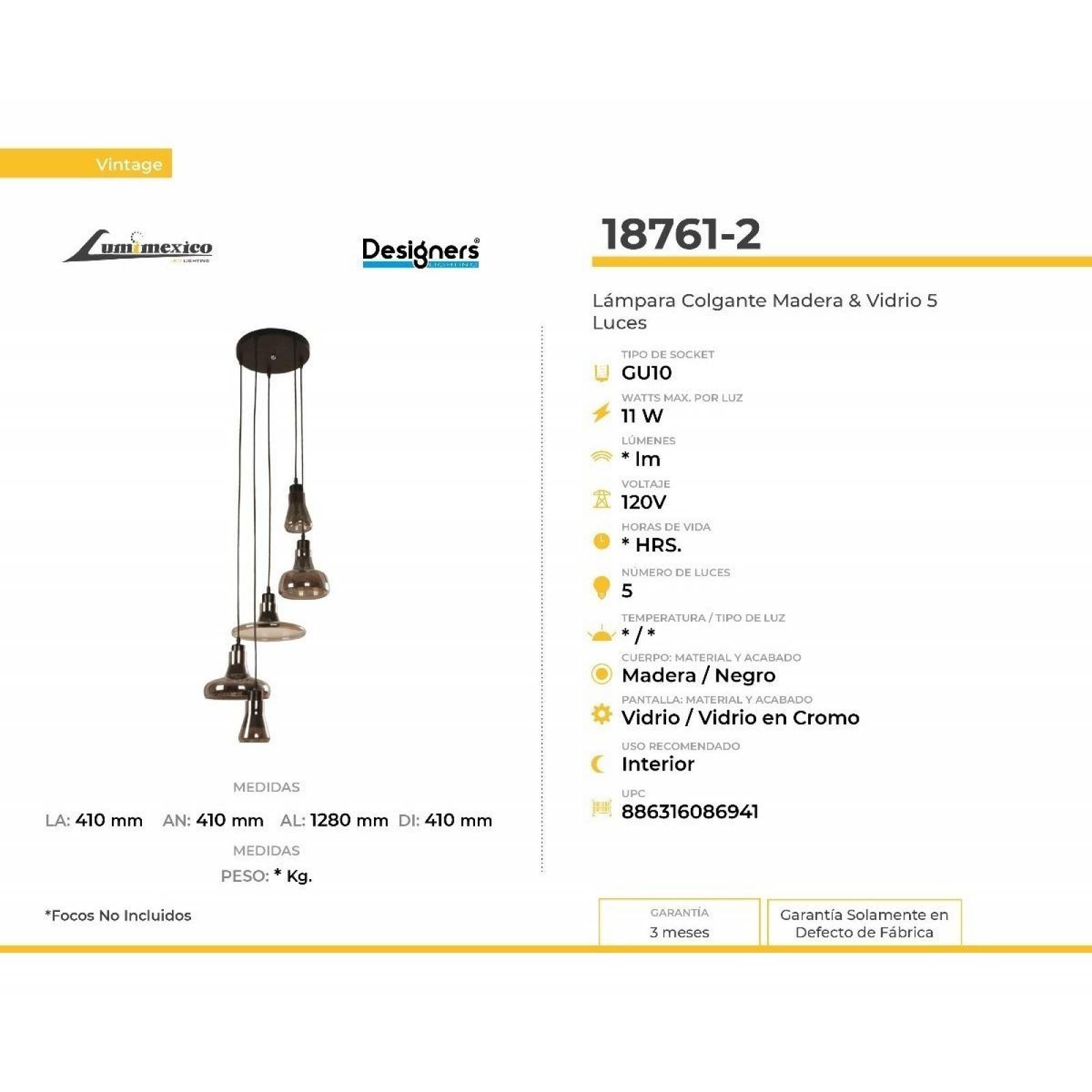 Lámpara Colgante Techo Madera Ahumado Gu10 11w 5 Luces 