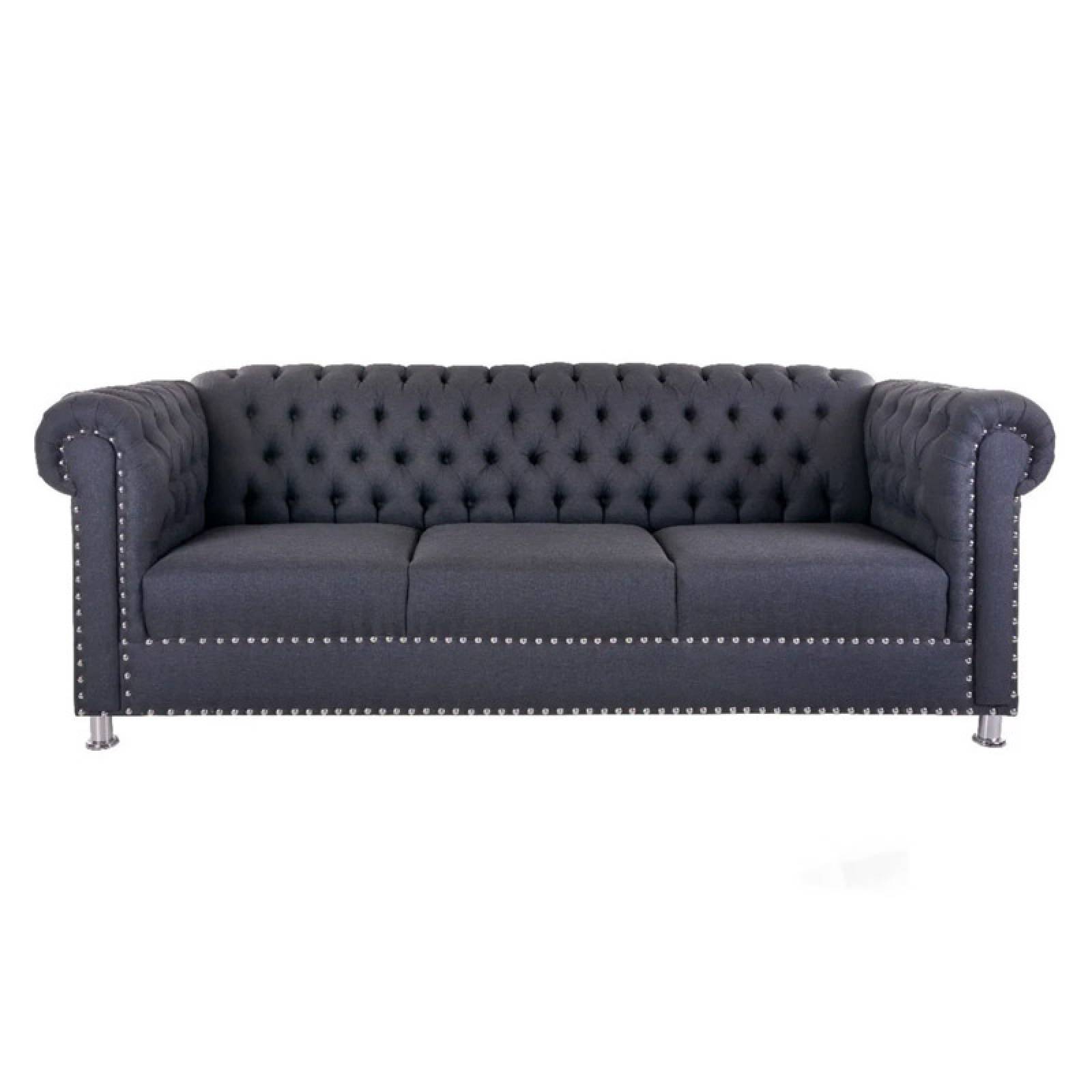 Sofá Capitonado Vintage Capitone Salas Modernas Minimalistas Lounge Lino Gris Oxford