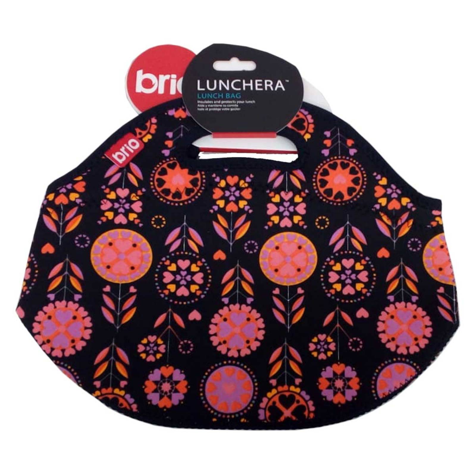 Lonchera Termica Brio Neopreno Negra Flores Naranjas 