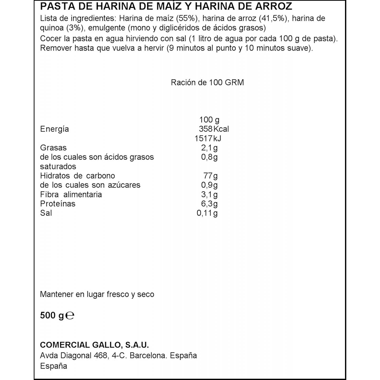 Pasta Plumas Sin Gluten Gallo 500 gr