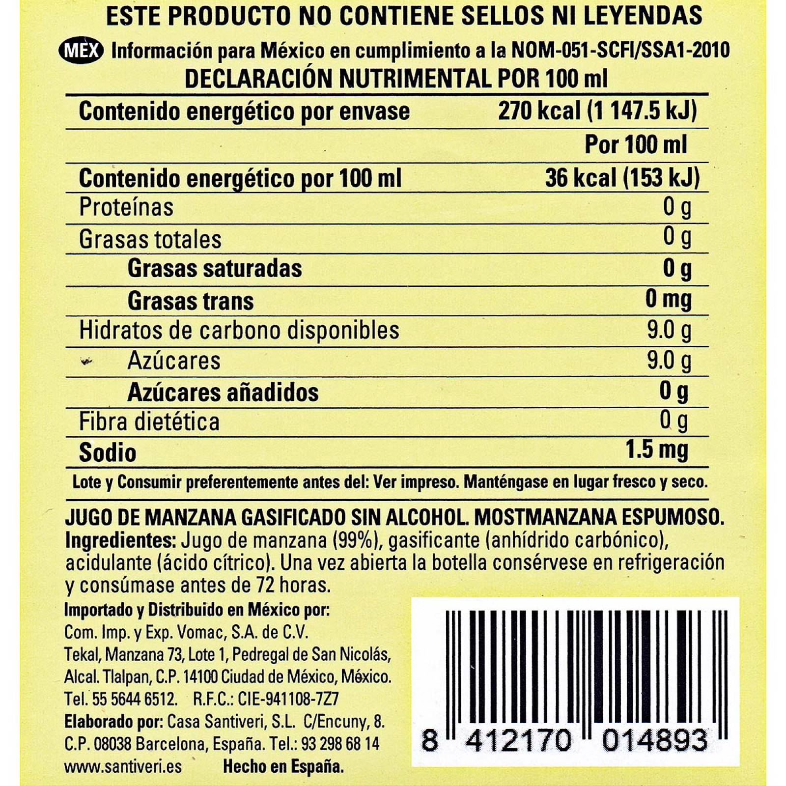 Mostmanzana Espumoso Sin Alcohol Santiveri 750 ml