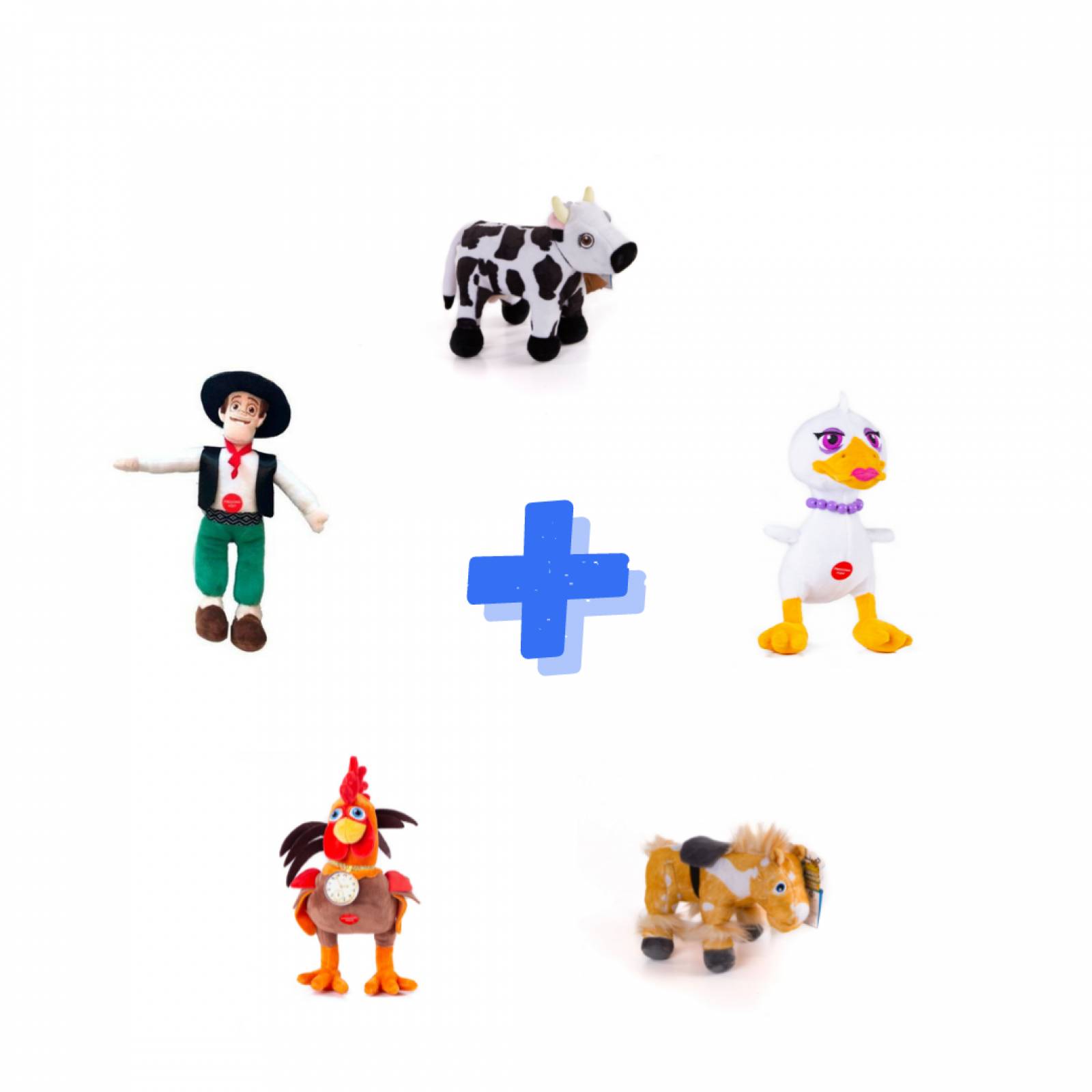 Combo de peluches la granja de Zenon x5 B Don Zenon Vaca Lola Percheron Gallo Pinto La Pata