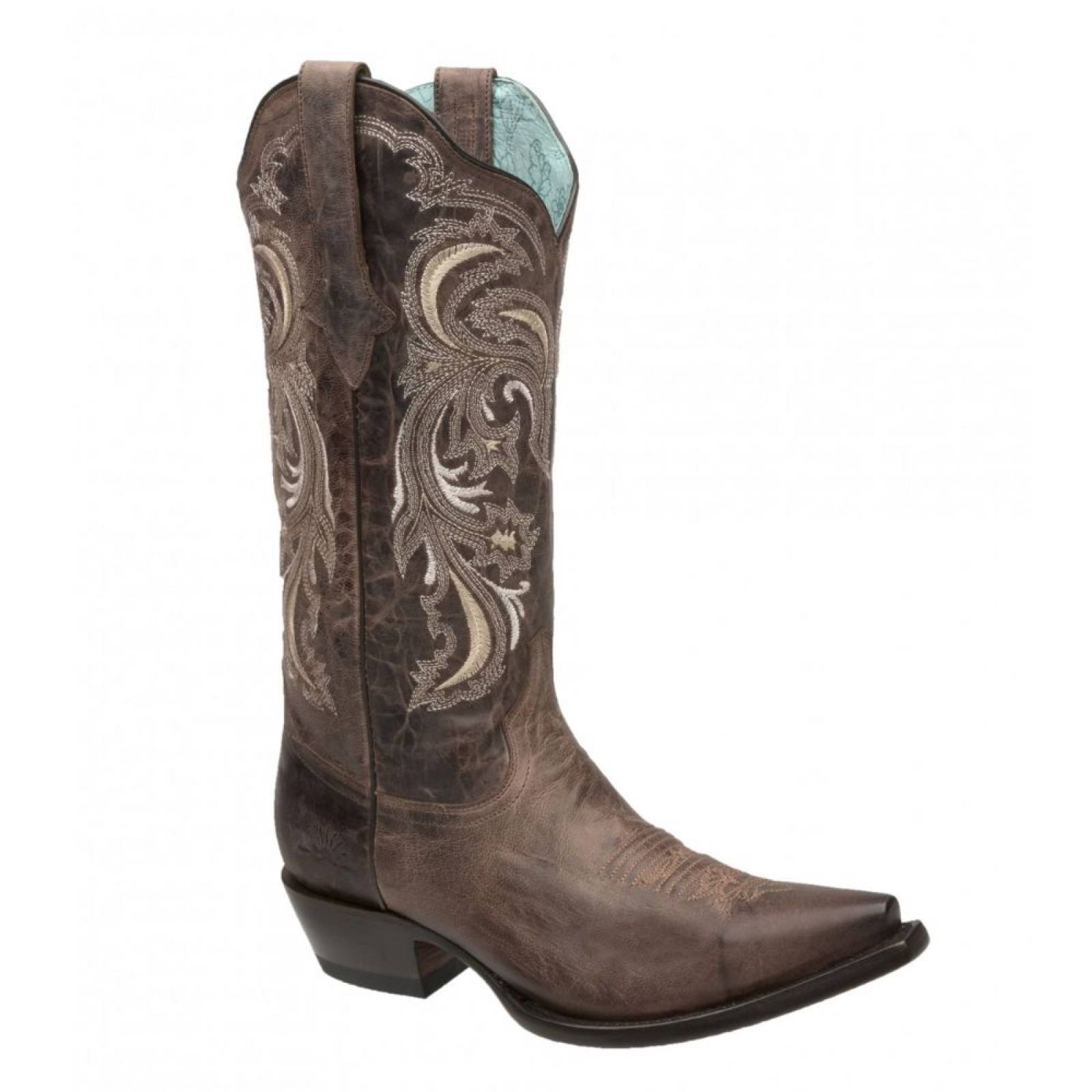 Bota Vaquera Marca Rio Grande Florida Puntal Bordada Color Chocolate Suela Cuero Natural