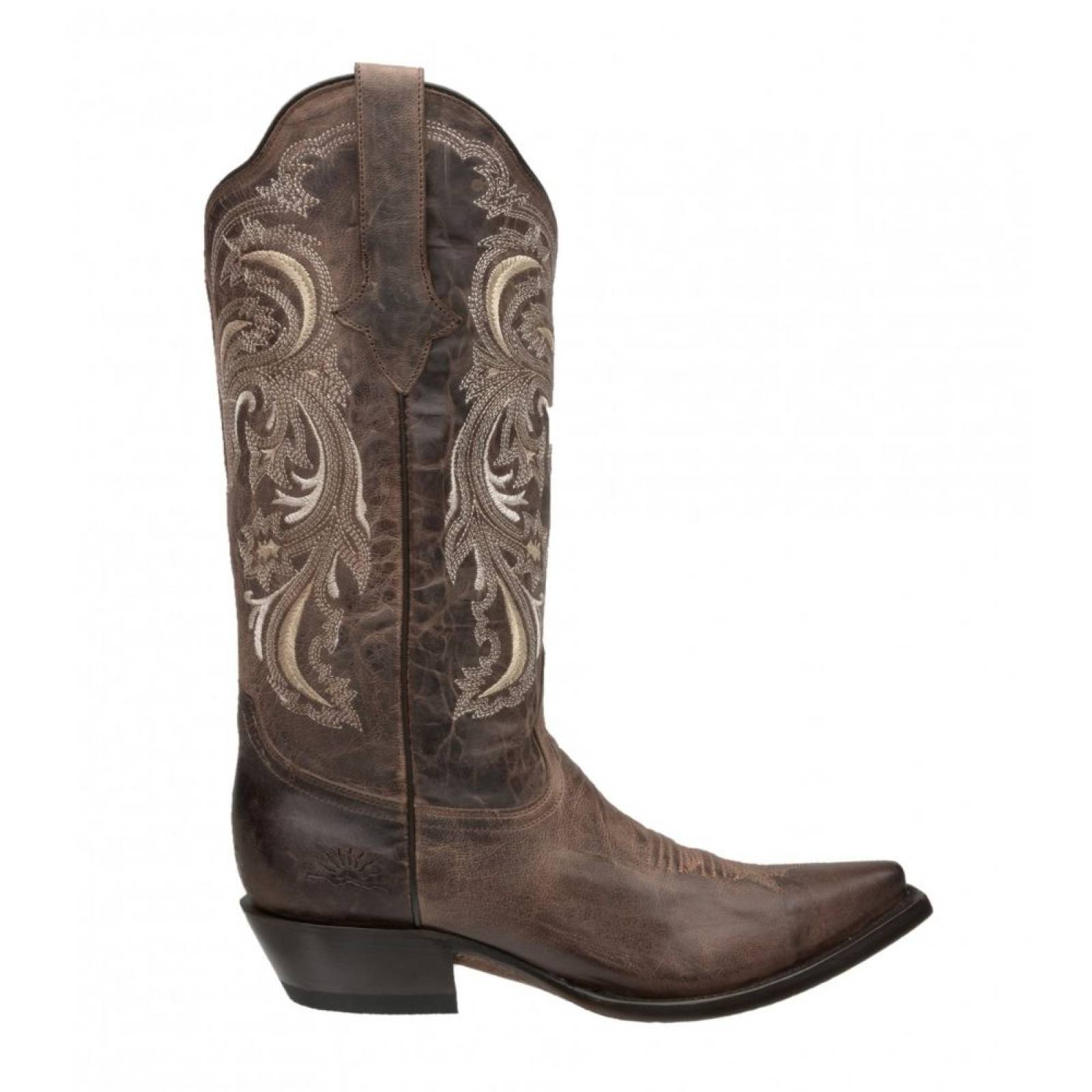 Bota Vaquera Marca Rio Grande Florida Puntal Bordada Color Chocolate Suela Cuero Natural