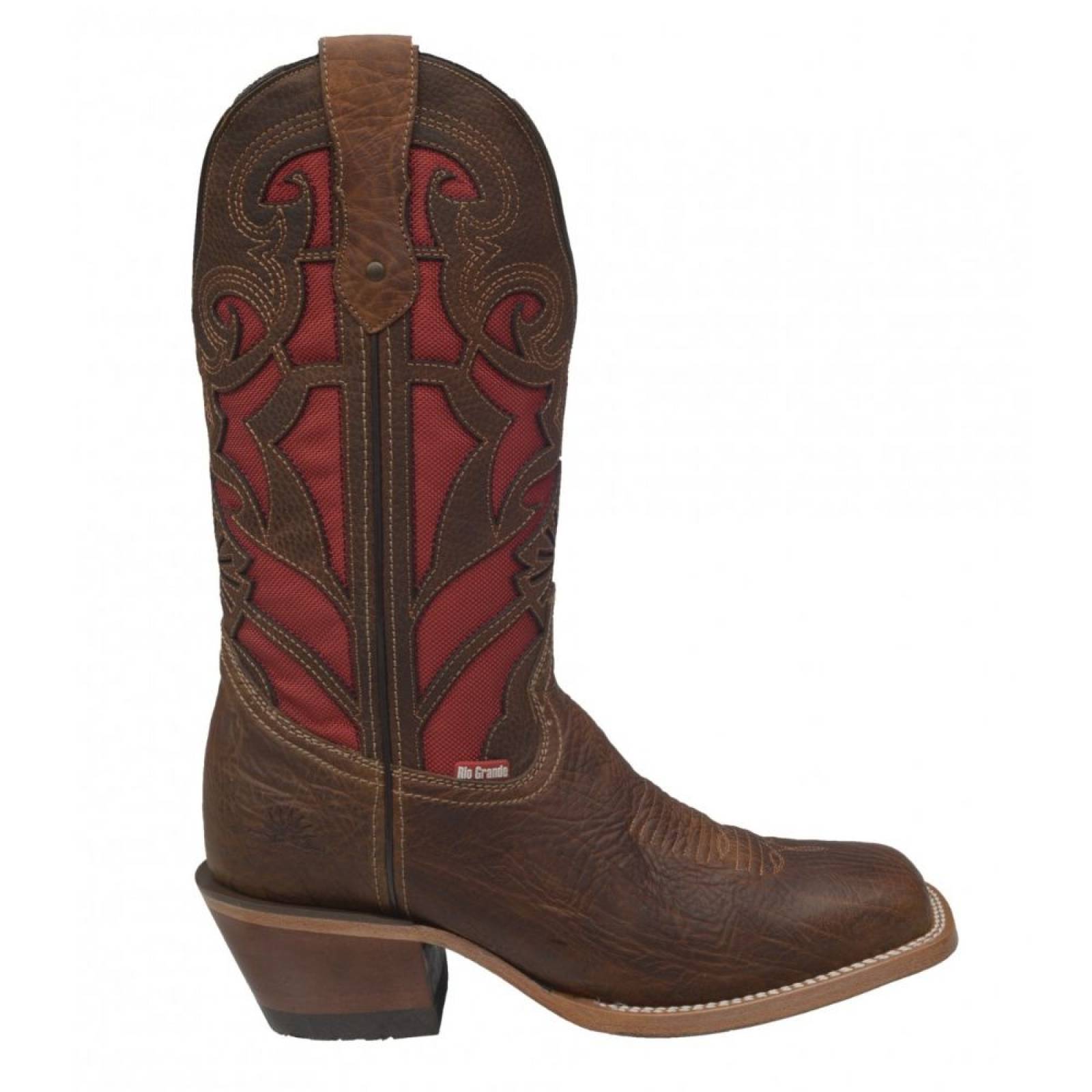 Bota Vaquera Marca Rio Grande Duval Diseño Láser y Bordado Occidental Suela Cuero Natural