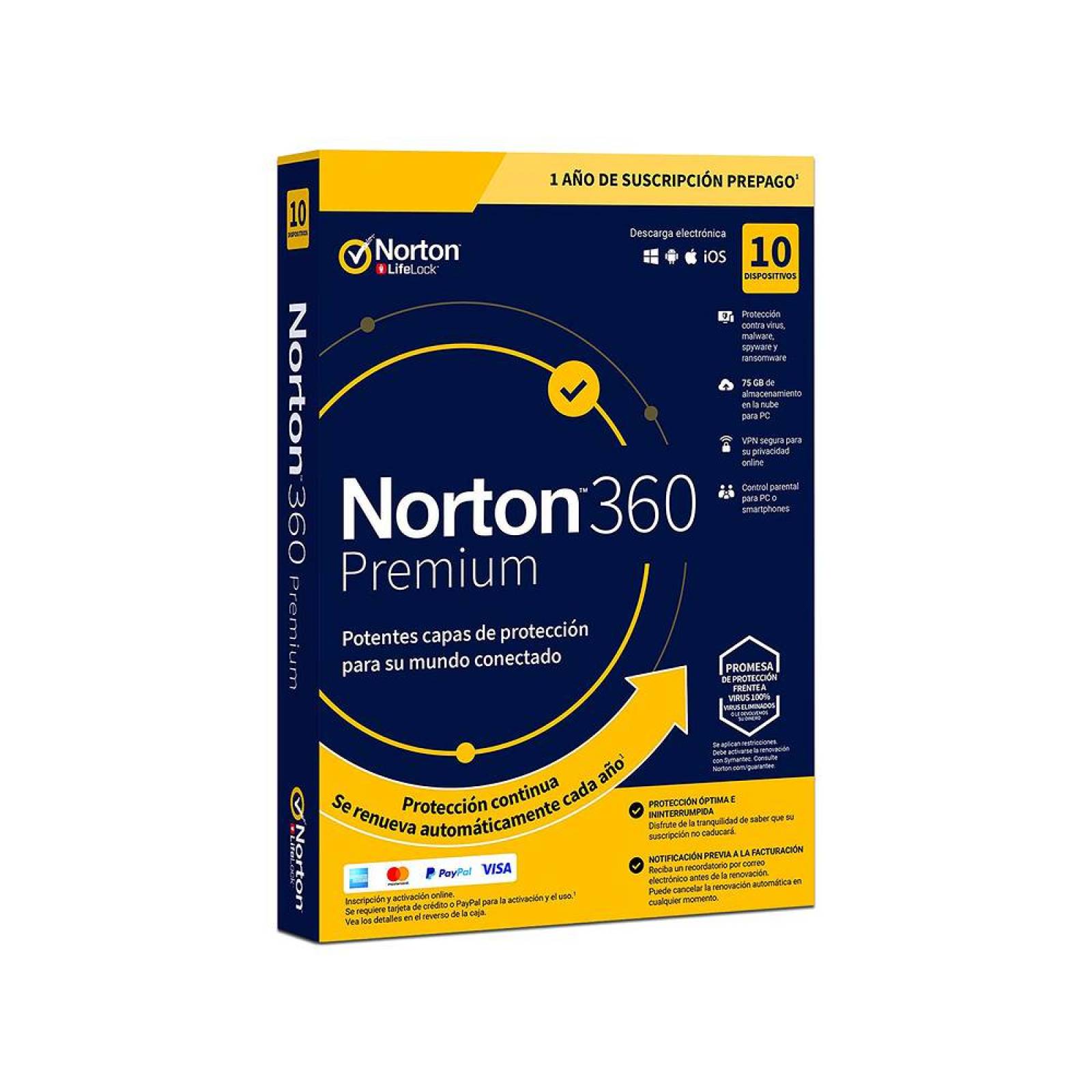 Norton Antivirus 360 Premium, 10 Dispositivos, 1 año.