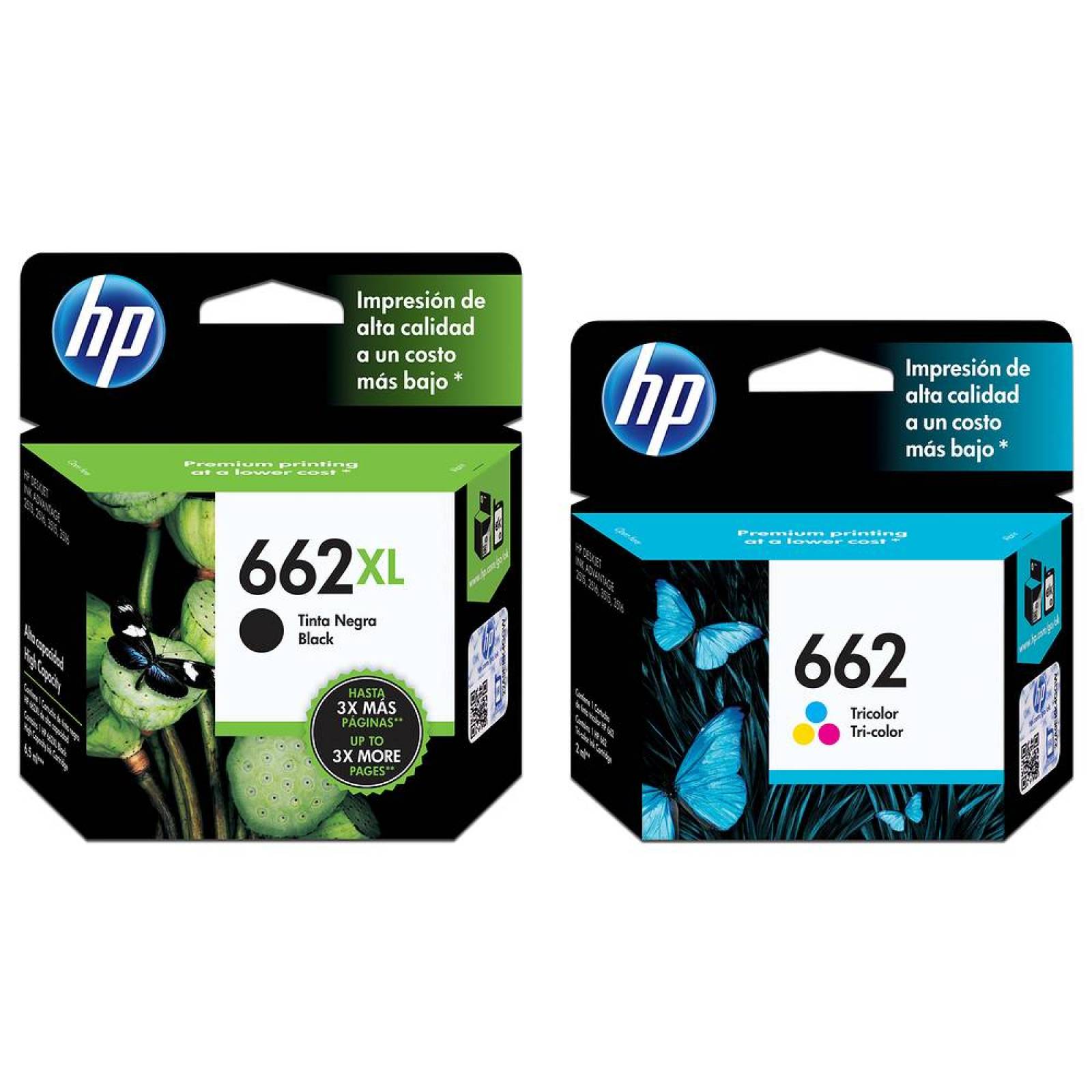 Combo de 2 cartuchos de tinta HP 662 Negra XL y 662 Tri