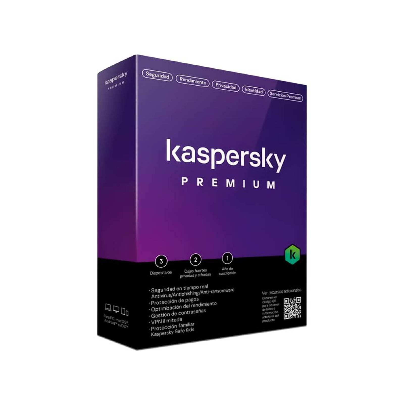 Antivirus Kaspersky Premium, 3 Dispositivos, 1 Año.