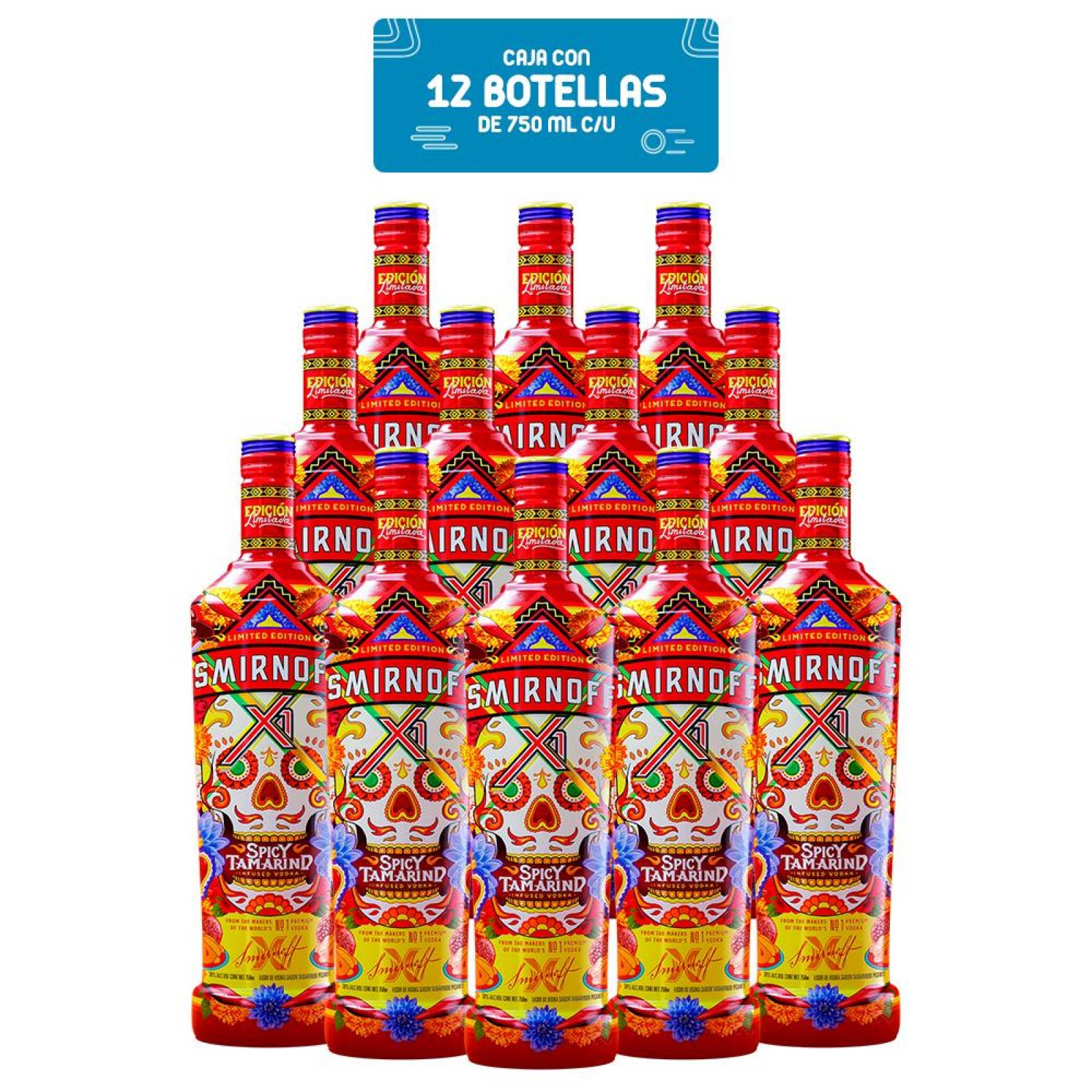 Caja De 12 Vodka Smirnoff X1 Tamarindo Aztec 750 Ml