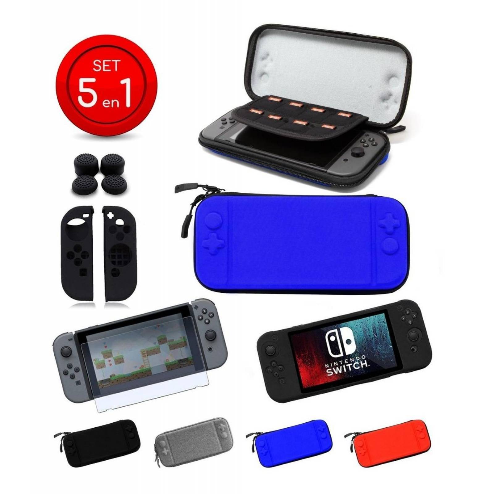 Funda Lenfech Nintendo Switch Kit 5 En 1 Case Joycon Grips Mica Azul