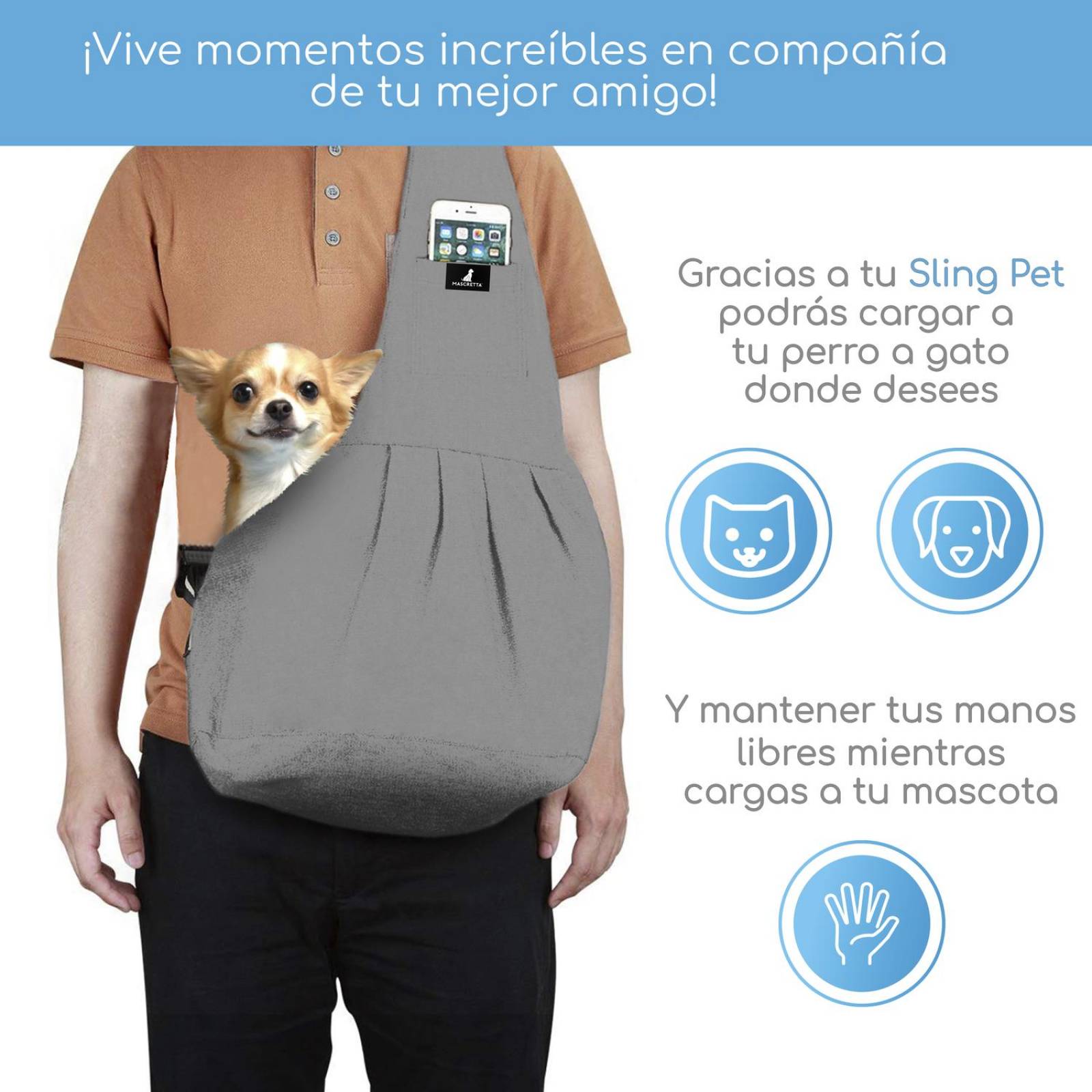 Cangurera Mascretta Perro Mochila Transportadora Raza Chica Gris