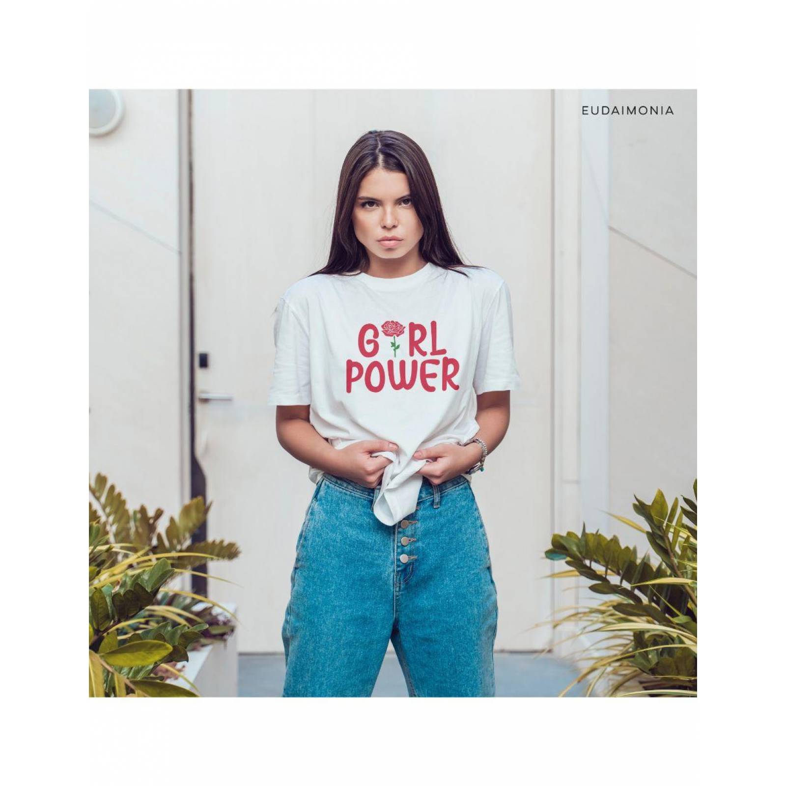 Blusa Blanca mujer Eudaimonia Playera Feminista Girl Power