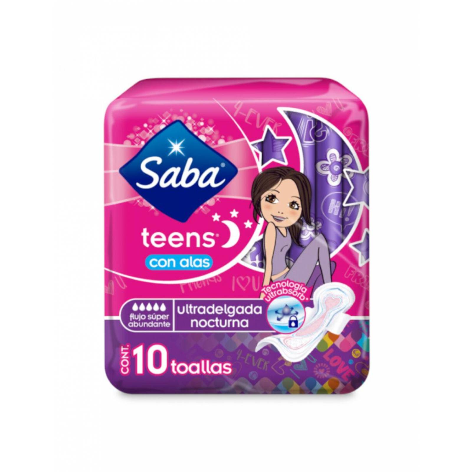 Pack de 12 Toalla Femenina Saba Ultra Nocturna Alas 10 pzas