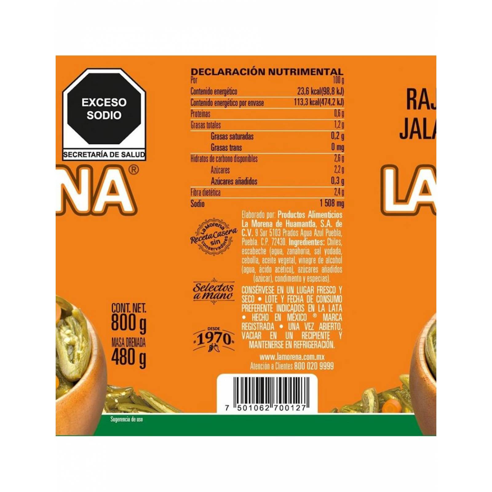 Pack de 12 Chiles La Morena Jalapeños Rajas Verdes de 800g