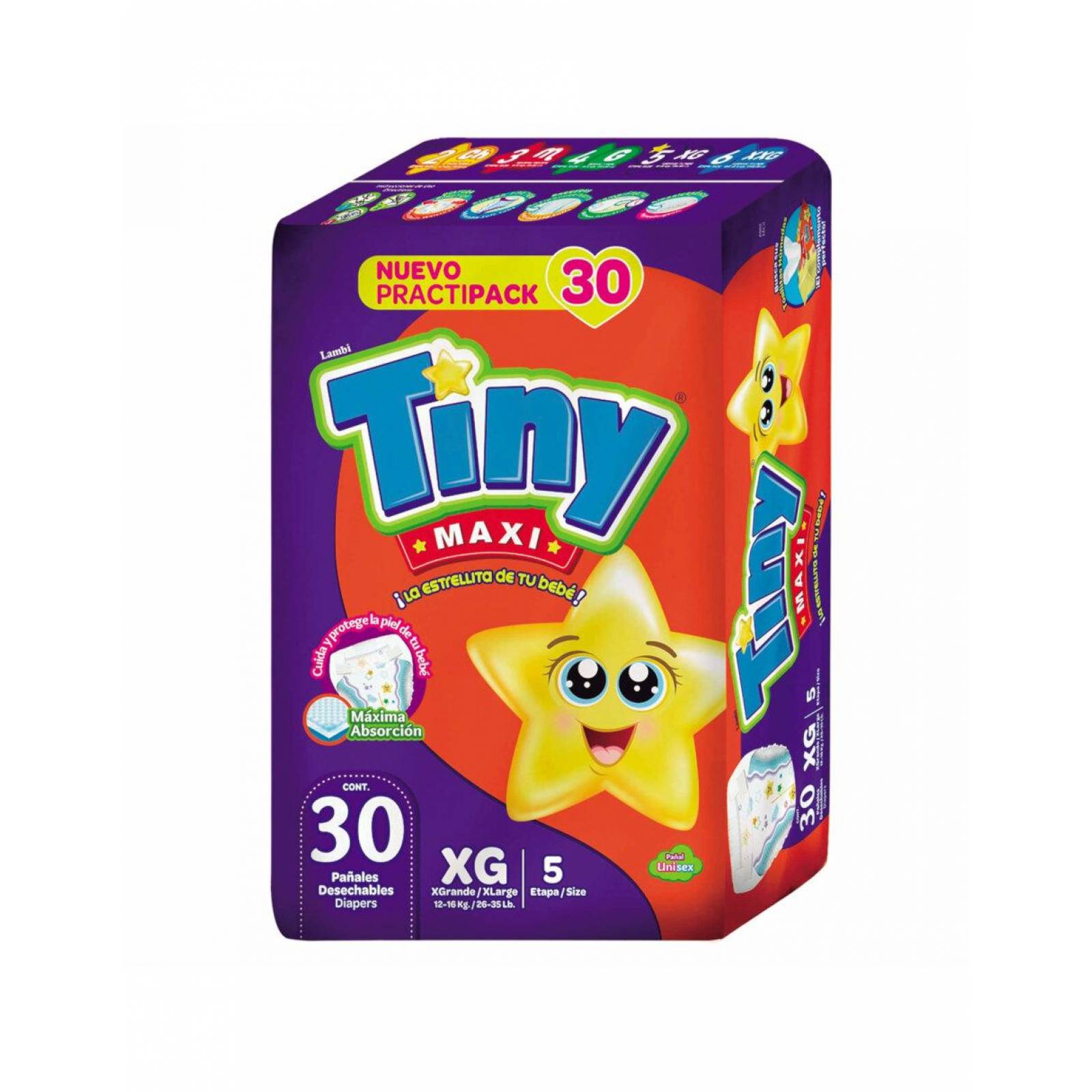 Pack de 5 Pañal Tiny Maxi Extra Grande 30 piezas 
