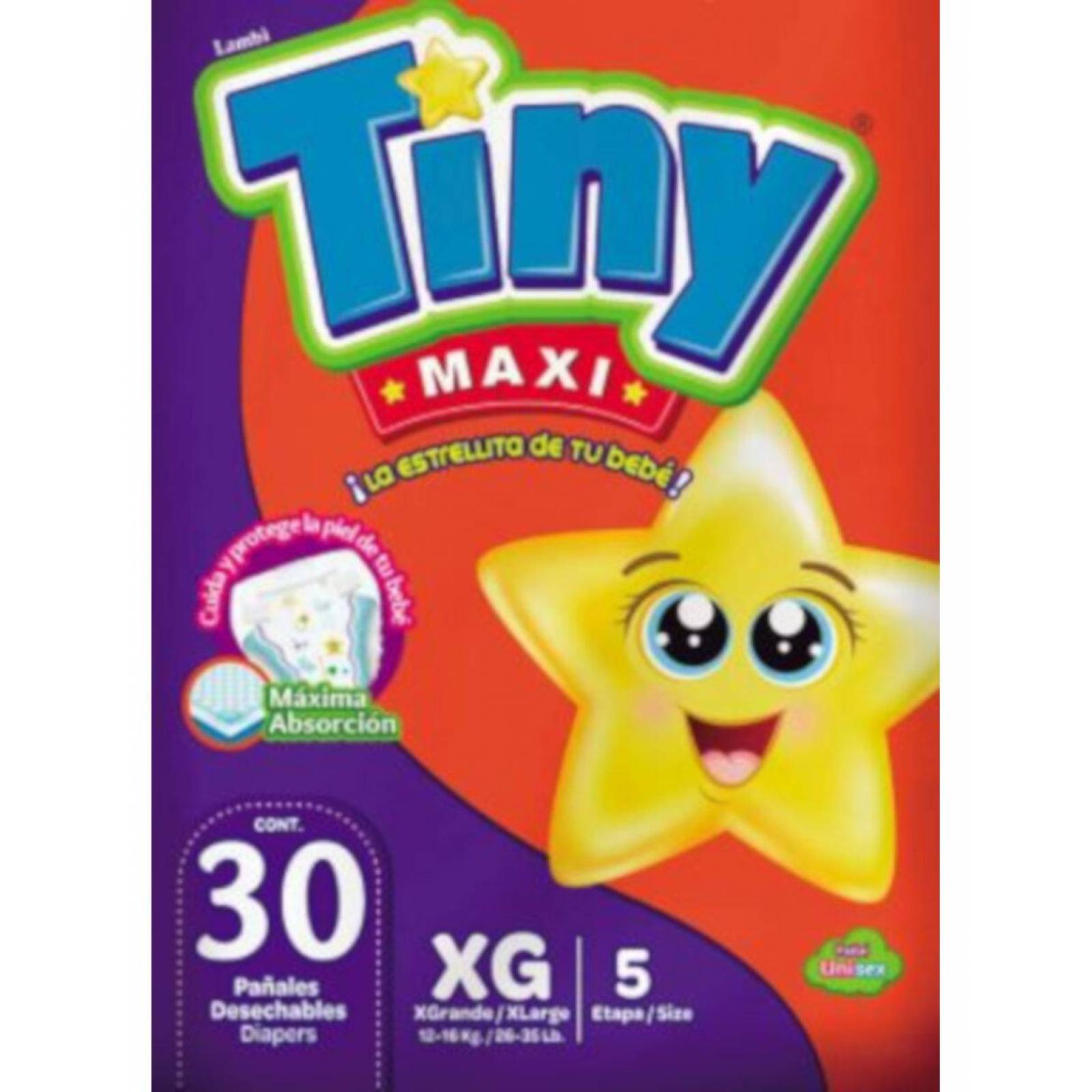Pack de 5 Pañal Tiny Maxi Extra Grande 30 piezas 