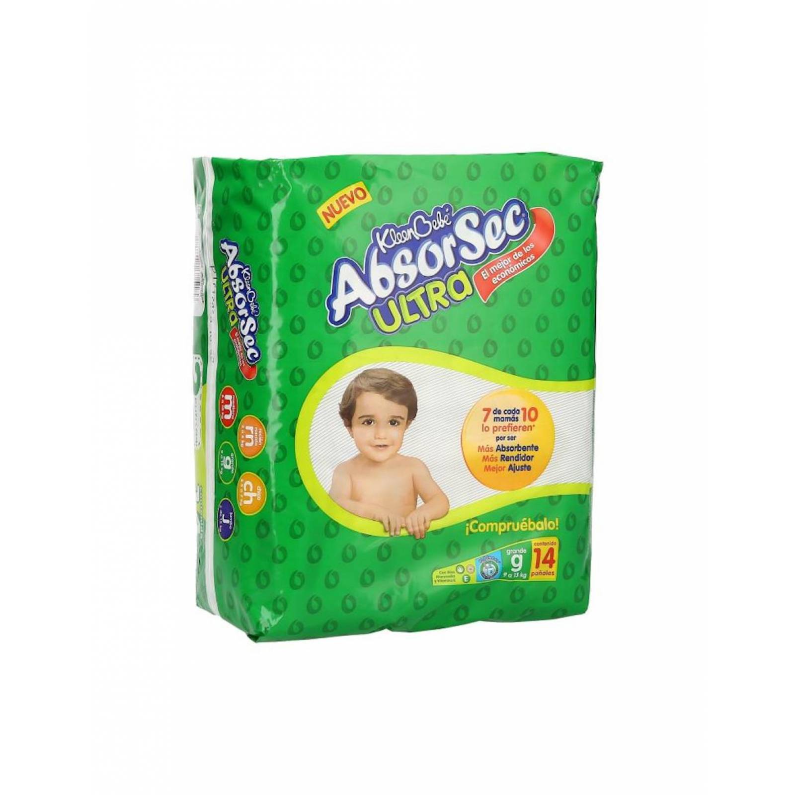 Pack de 8 Pañal Kleen Bebé Absorsec Nuevo Gd de 14pzs 